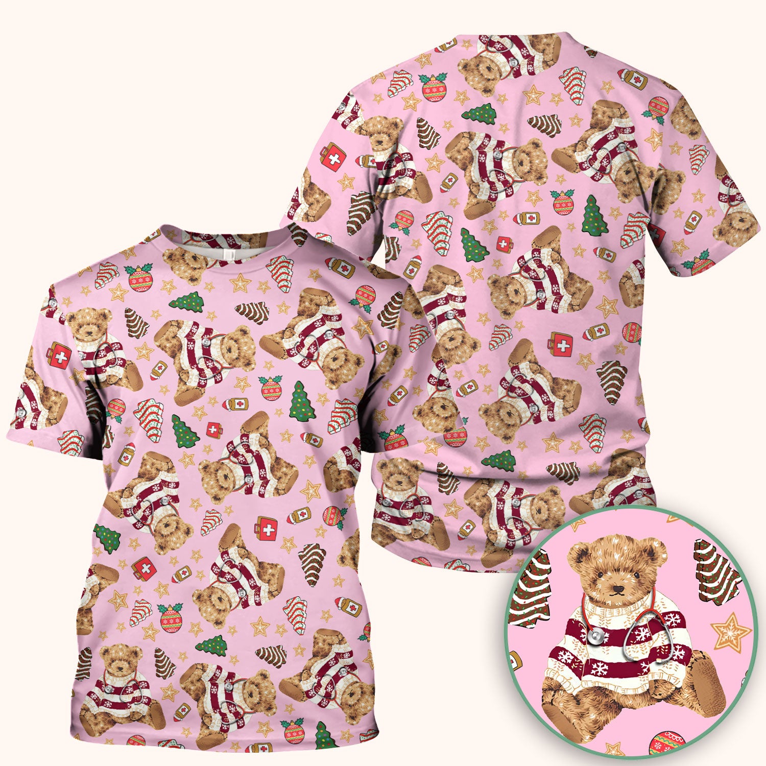 Christmas Teddy Bear Scrub Top for Nurses - Cozy Holiday Pattern with Cute Bear and Medical Icons - Festive Scrubs for Women