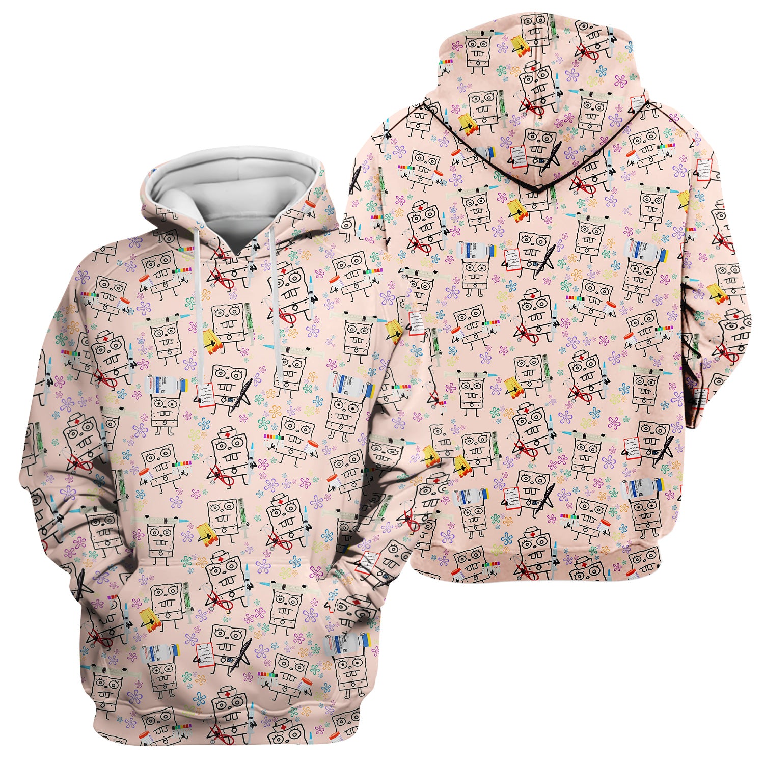 Custom Doodle Bob Energy Drink Nurse Scrub Top - Funny Cartoon Medical Design - Gift for RN MD RT CNA Paramedic Healthcare Staff