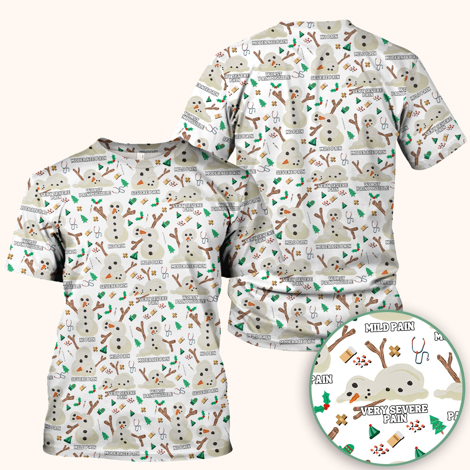 Christmas Snowman Nurse Scrub Top for Women - Funny Pain Scale Medical Shirt - Cute Holiday Nursing Uniform Gift for RN LPN CNA