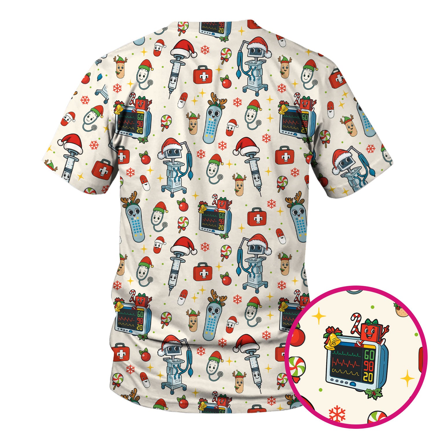 Christmas Scrub Top for Women - Funny Nurse Pattern with Robot & Reindeer - Festive Medical Shirt for Holiday Shifts