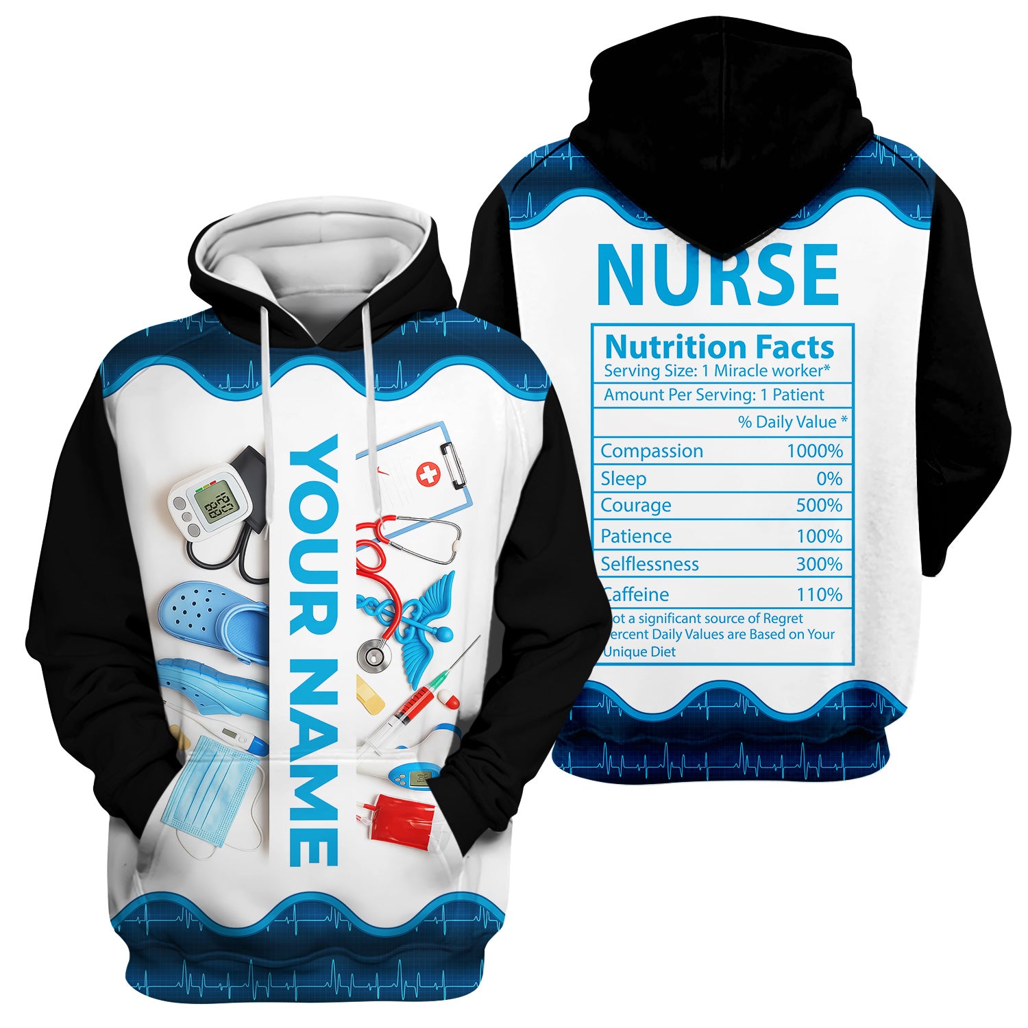 Personalized Nurse Nutrition Facts Shirt - Funny Custom Name RN CNA LPN Tee - Medical Supply Graphic Gift for Women Healthcare Workers Who Are Miracle Workers
