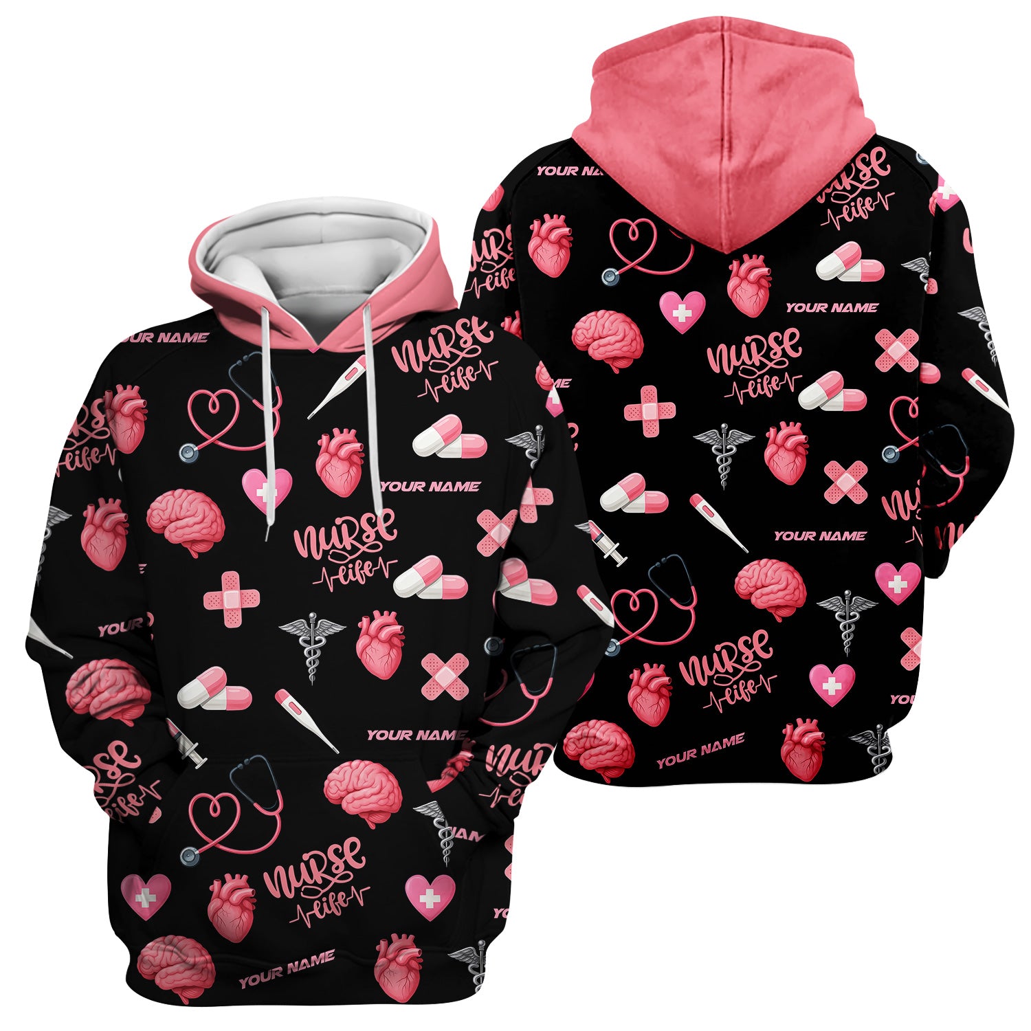 Personalized Nurse Life Shirt - Cute Medical Pattern with Heart Brain Pills Stethoscope - Custom Name Gift for RN CNA LPN Women in Healthcare and Nursing Profession