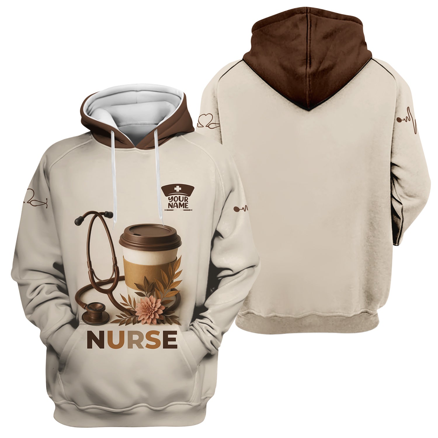 Personalized Coffee Nurse Shirt - Brown Stethoscope Floral Design - Cute Gift for RN LPN CNA Women