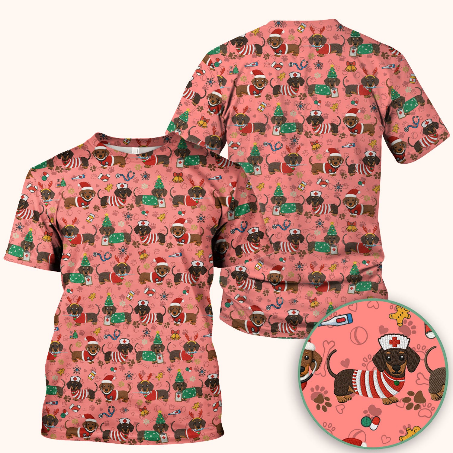 Christmas Wiener Dog Scrub Top for Nurses - Cute Dachshund Medical Shirt - Fun Holiday Scrubs Gift for Women RN CNA LPN