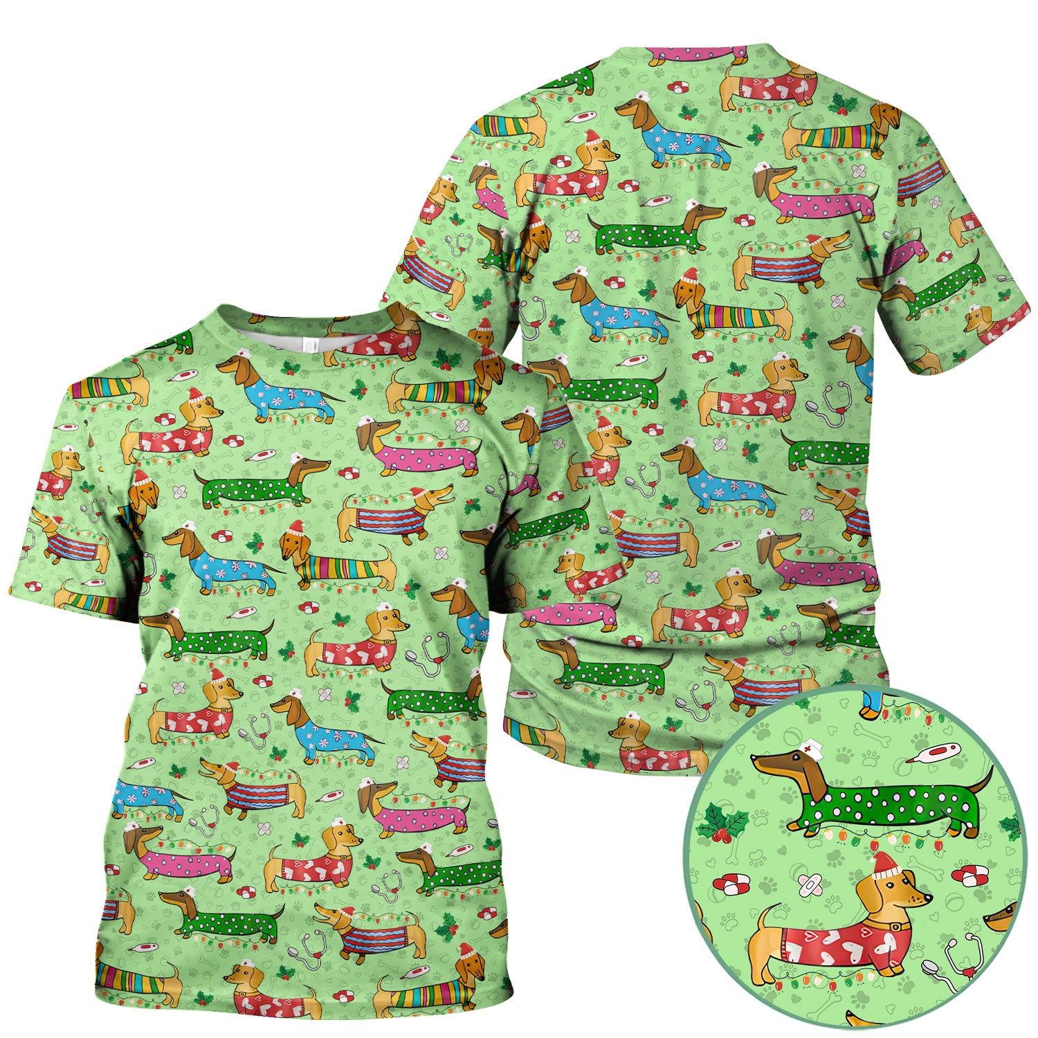 Christmas Scrub Top for Women - Funny Dachshund Nurse Shirt - Cute Holiday Medical Uniform Gift for RN LPN CNA