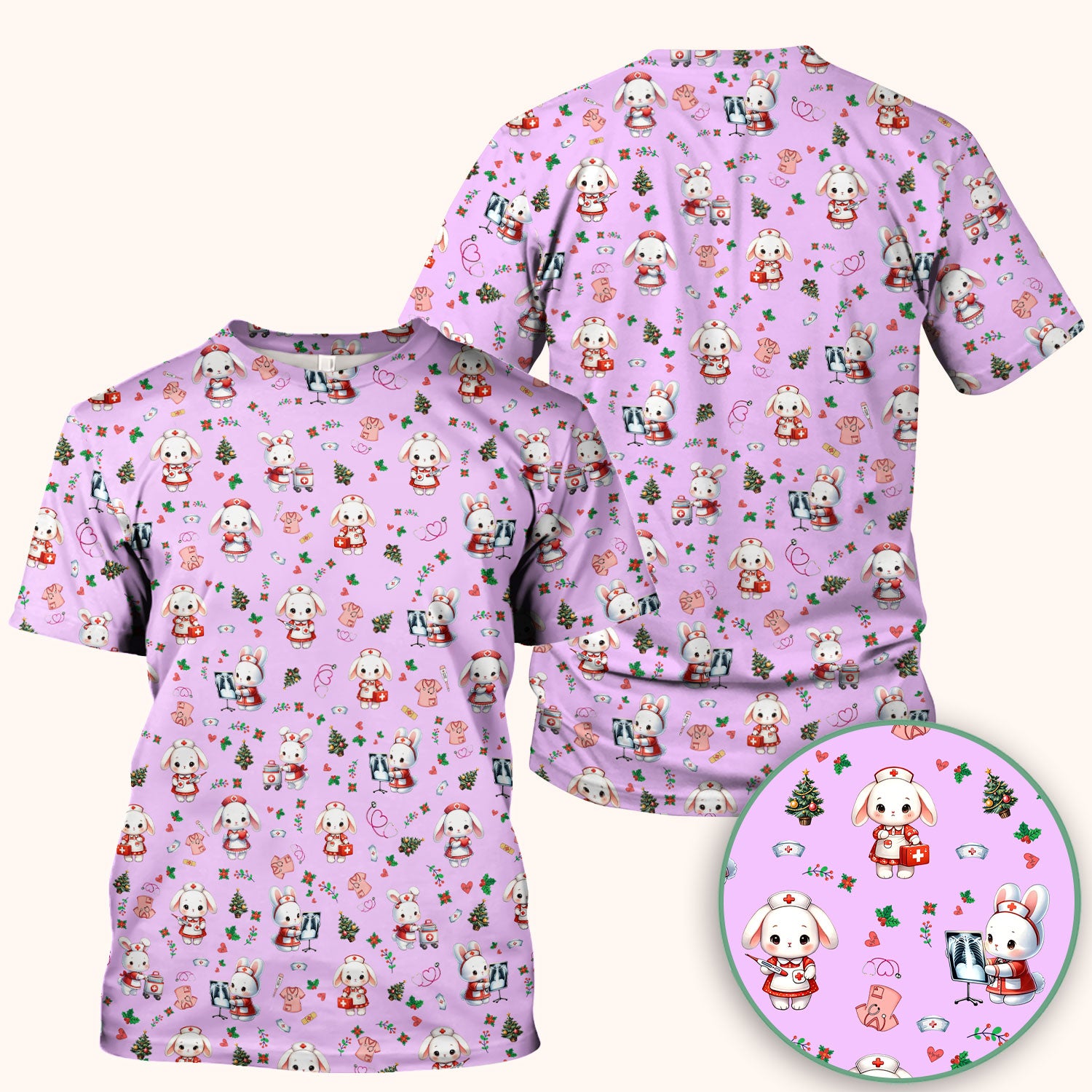 Comfortable Scrubs for Nurses - Funny Bunny Scrub Top - Rabbit Christmas Shirt - Xmas Med Uniform for Women