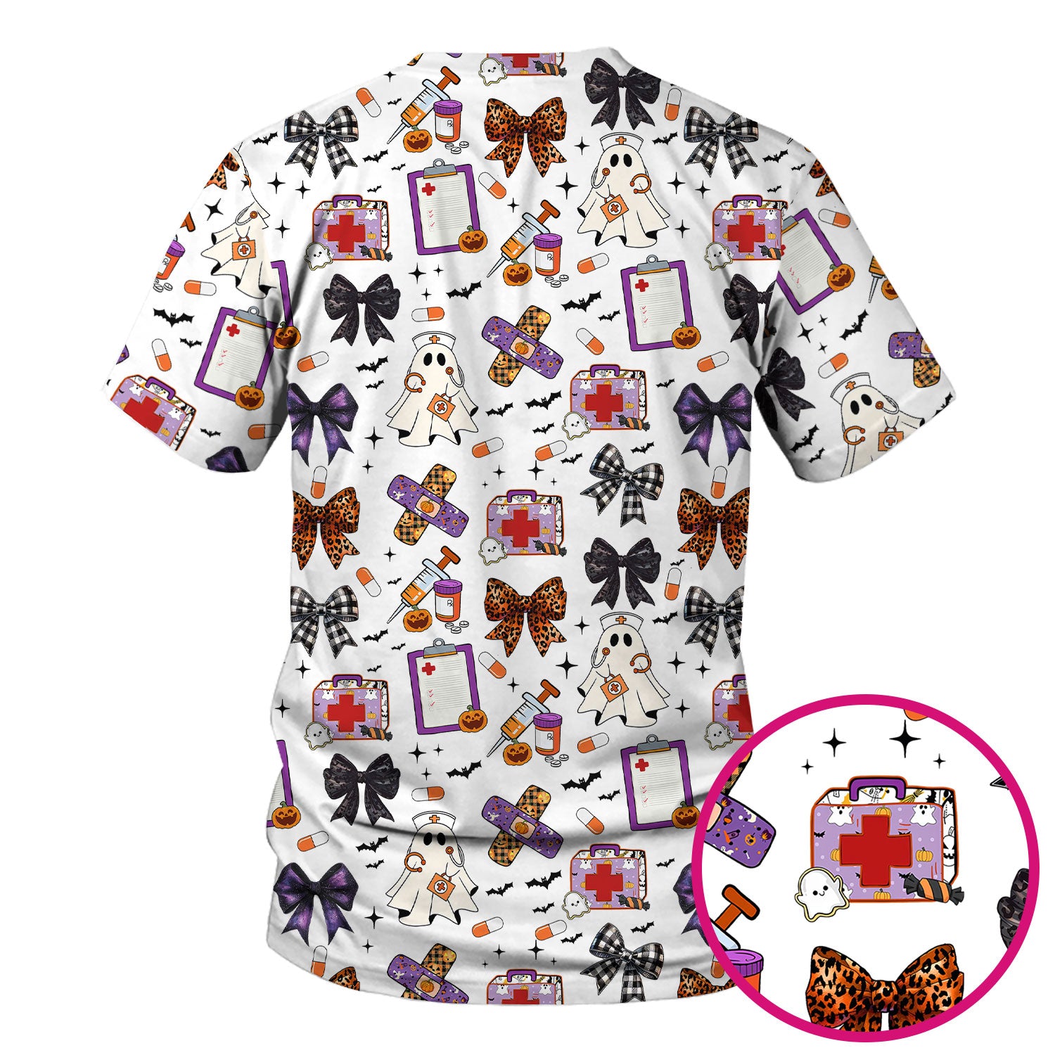 Spooky Cute Nurse Scrubs Top - Ghost, Pumpkin & Bow Print - Fun Halloween Medical Shirt for Women Nurses