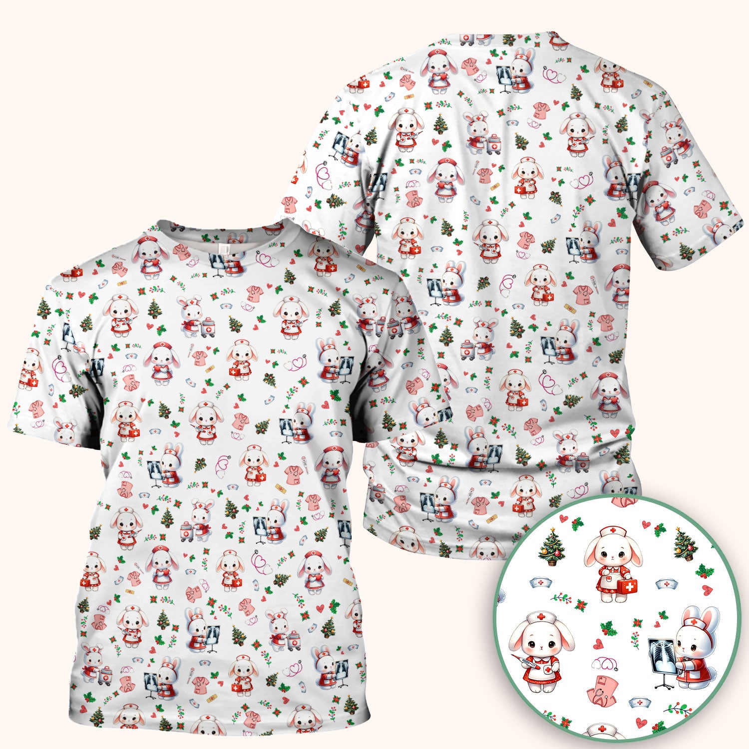 Comfortable Scrubs for Nurses - Funny Bunny Scrub Top - Rabbit Christmas Shirt - Xmas Med Uniform for Women
