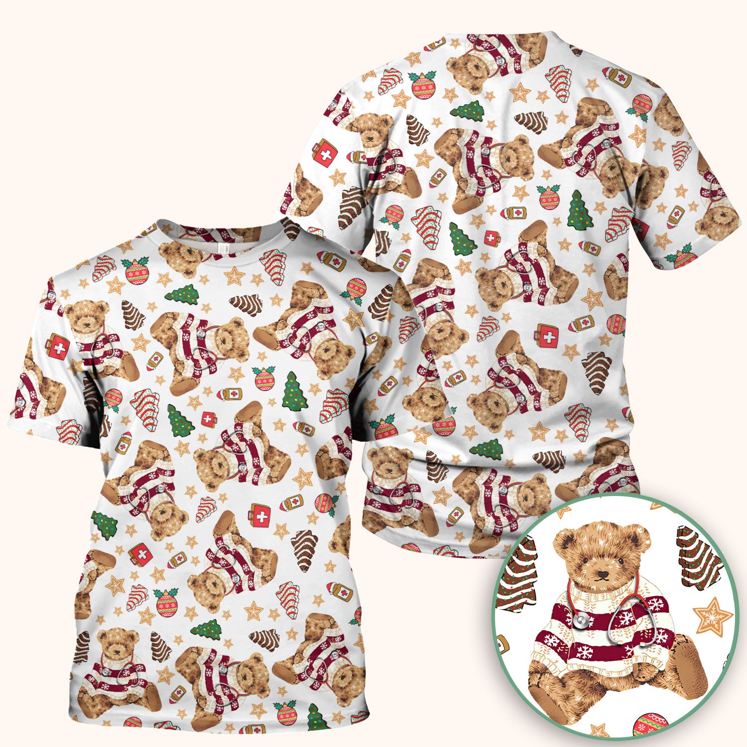 Christmas Teddy Bear Scrub Top for Nurses - Cozy Holiday Pattern with Cute Bear and Medical Icons - Festive Scrubs for Women