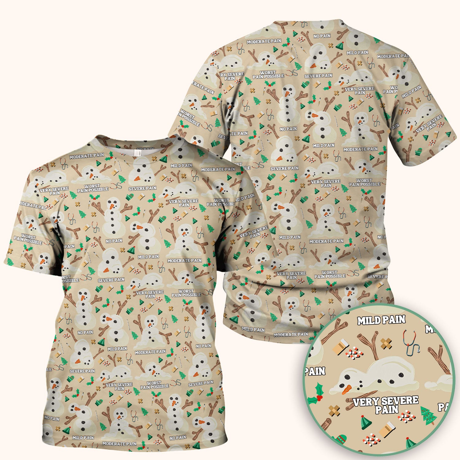 Christmas Snowman Nurse Scrub Top for Women - Funny Pain Scale Medical Shirt - Cute Holiday Nursing Uniform Gift for RN LPN CNA