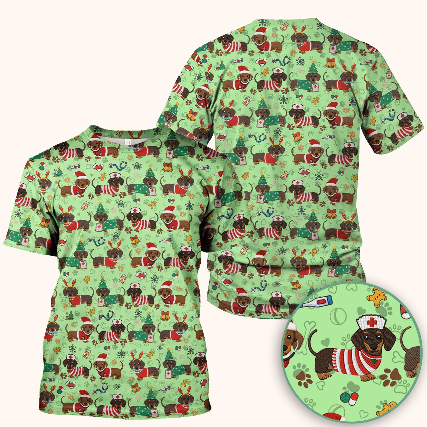 Christmas Wiener Dog Scrub Top for Nurses - Cute Dachshund Medical Shirt - Fun Holiday Scrubs Gift for Women RN CNA LPN