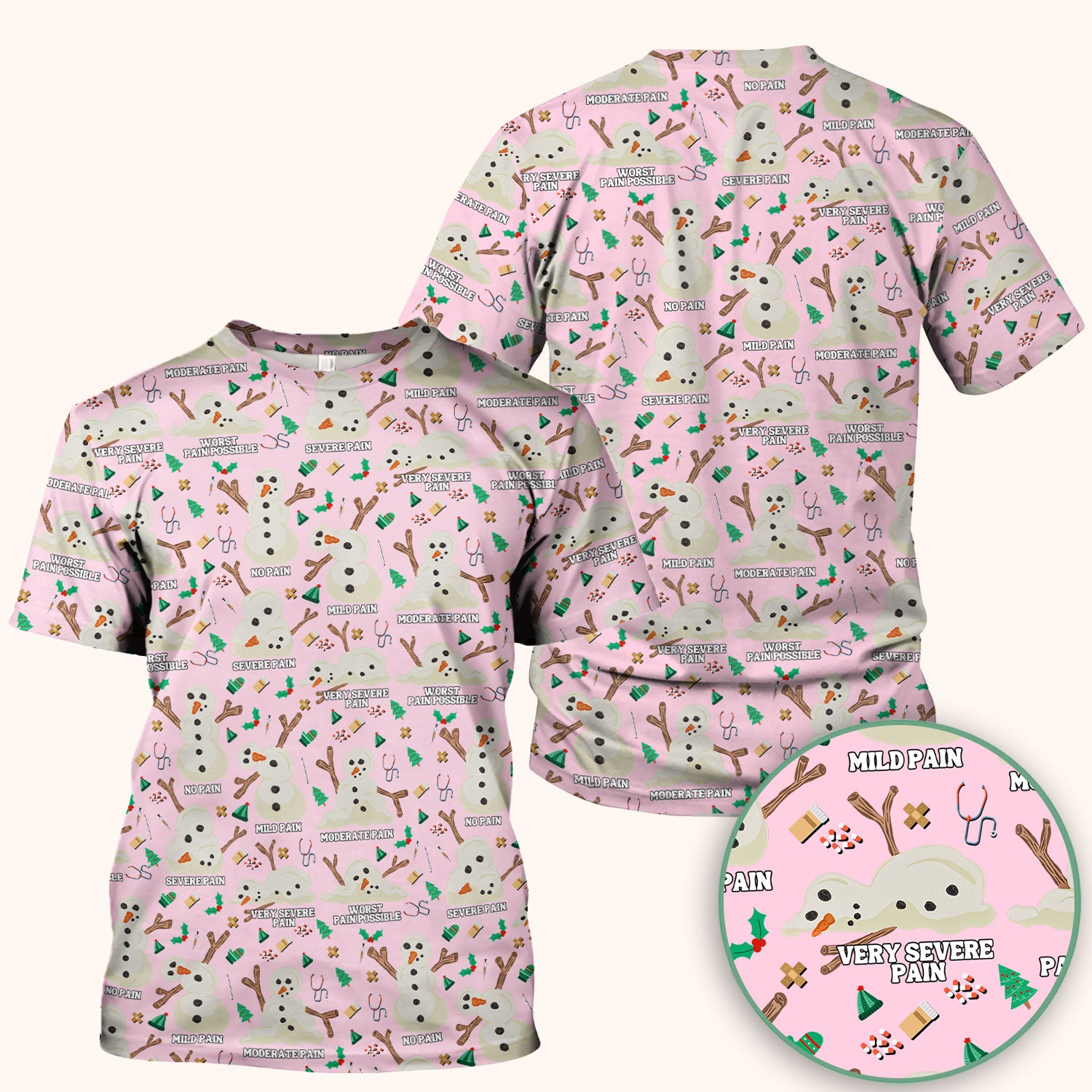 Christmas Snowman Nurse Scrub Top for Women - Funny Pain Scale Medical Shirt - Cute Holiday Nursing Uniform Gift for RN LPN CNA