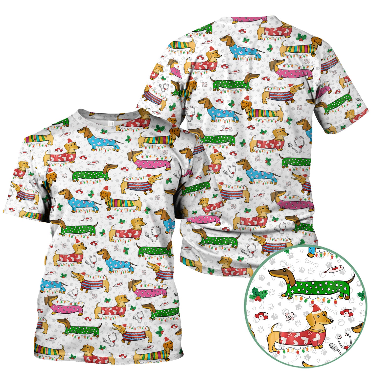 Christmas Scrub Top for Women - Funny Dachshund Nurse Shirt - Cute Holiday Medical Uniform Gift for RN LPN CNA