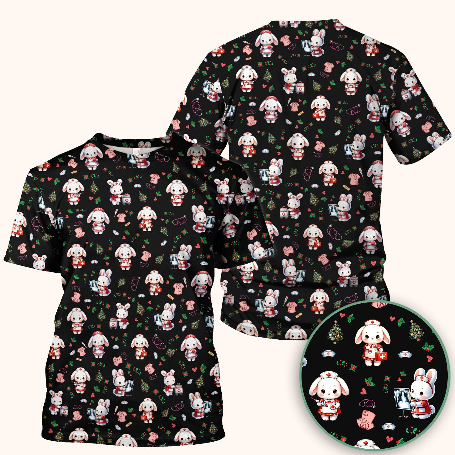 Comfortable Scrubs for Nurses - Funny Bunny Scrub Top - Rabbit Christmas Shirt - Xmas Med Uniform for Women