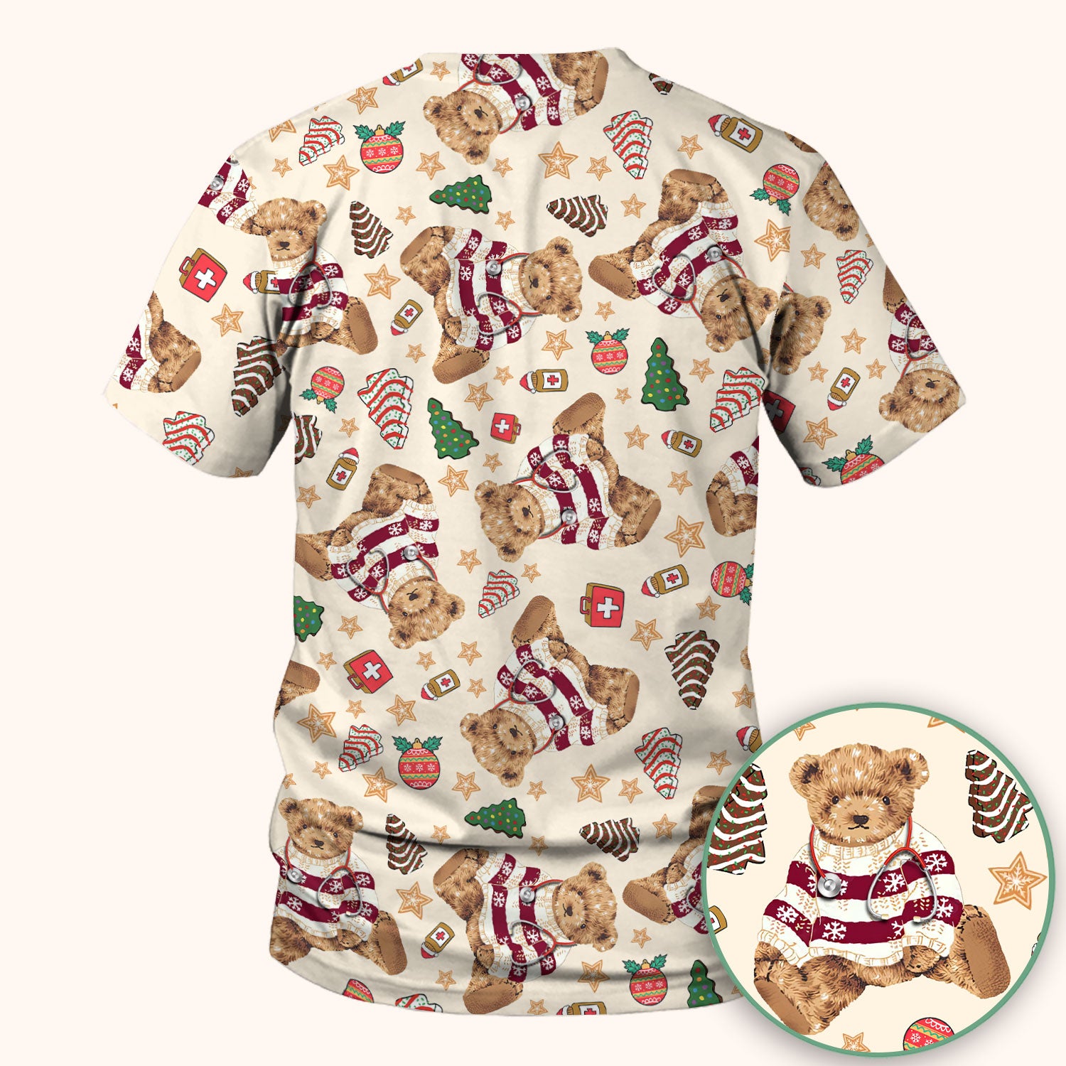 Christmas Teddy Bear Scrub Top for Nurses - Cozy Holiday Pattern with Cute Bear and Medical Icons - Festive Scrubs for Women