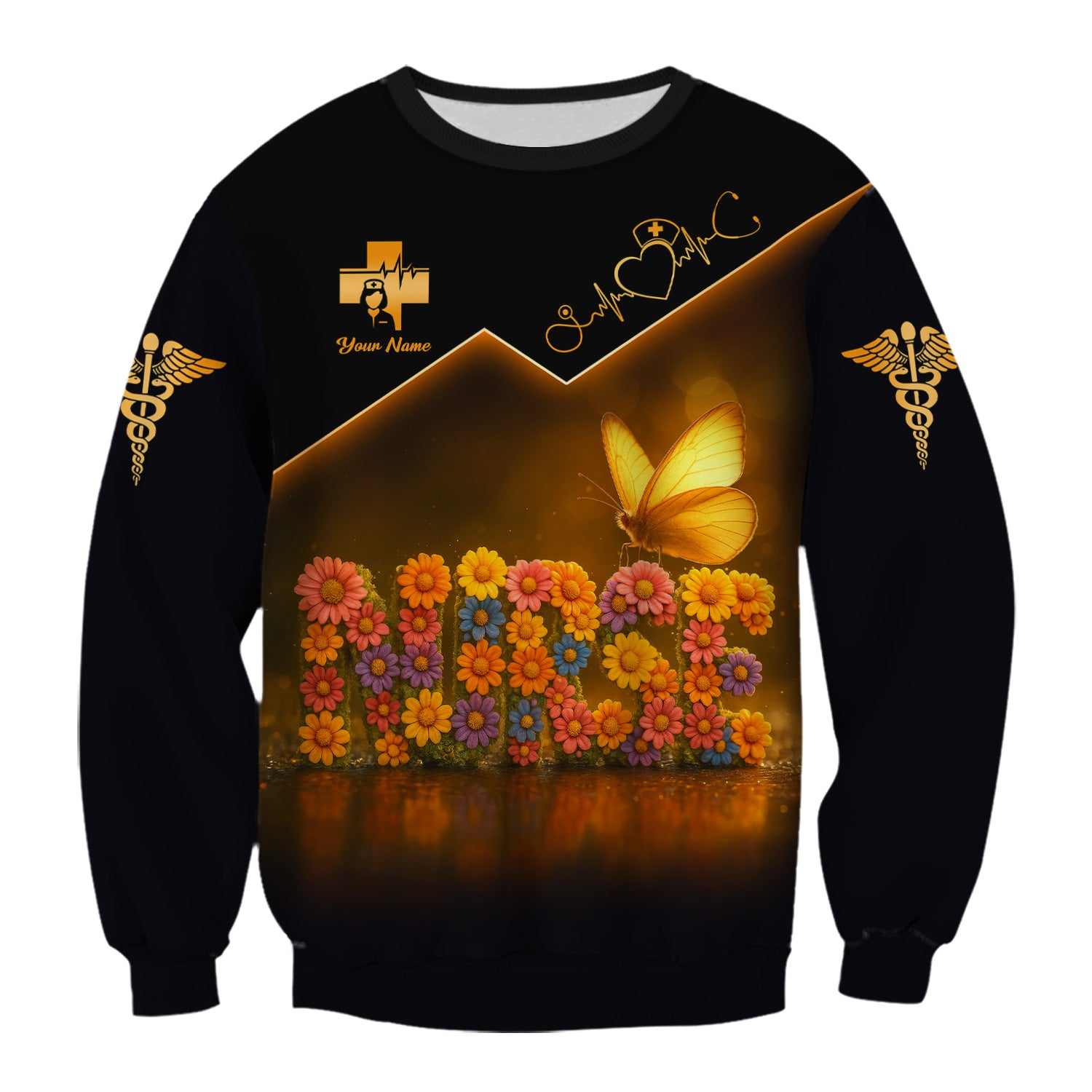 Custom Name Nurse Scrub Top for Women - Floral Butterfly Design with Golden Accents - Medical Uniform Gift for RN LPN CNA