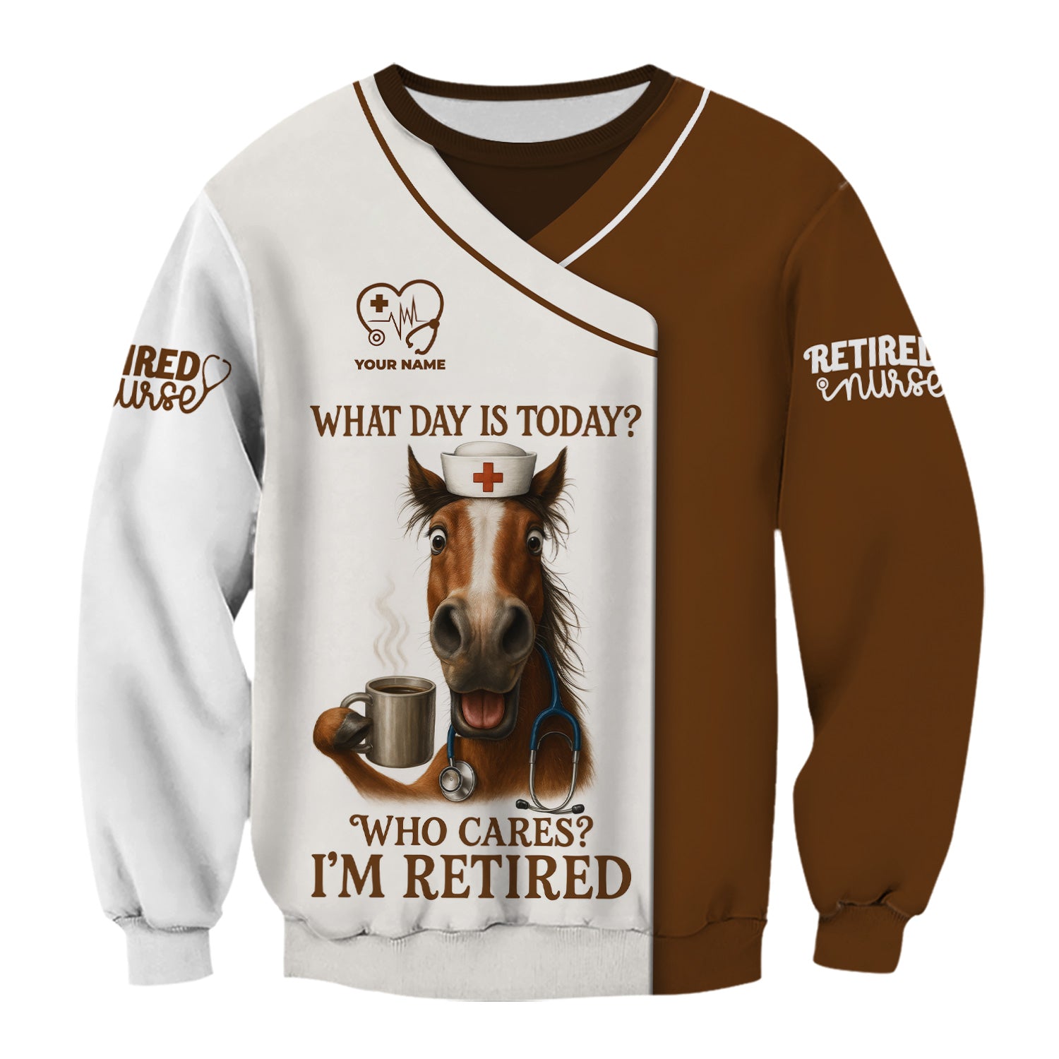 Funny Scrubs Top for Retired Nurse - Horse Design with Coffee Mug Quote - RN LPN Medical Staff Retirement Gift