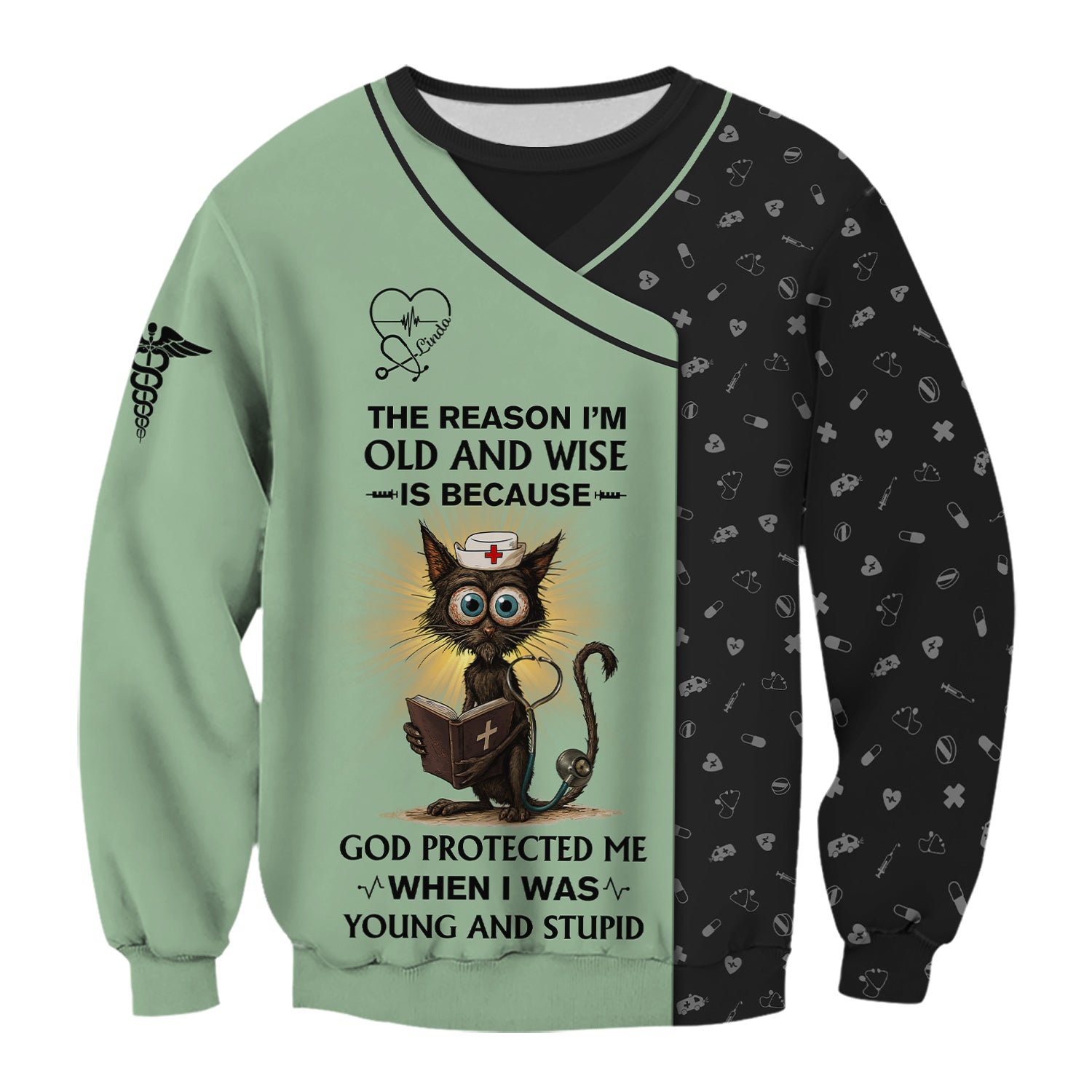 Personalized Funny Christian Nurse Shirt with Cat Design - God Protected Me Quote - Custom Name RN LPN CNA Gift