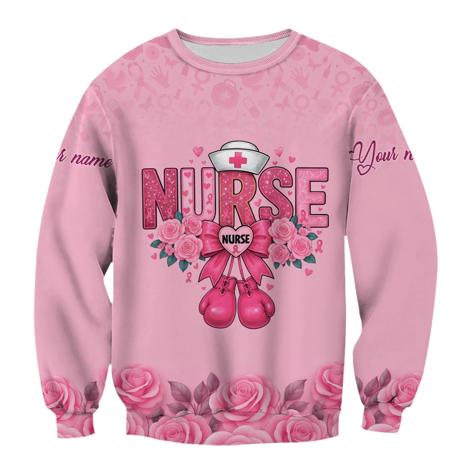 Personalized Breast Cancer Fighter Shirt - Pink Boxing Gloves & Rose Floral Design - Gift for RN LPN CNA