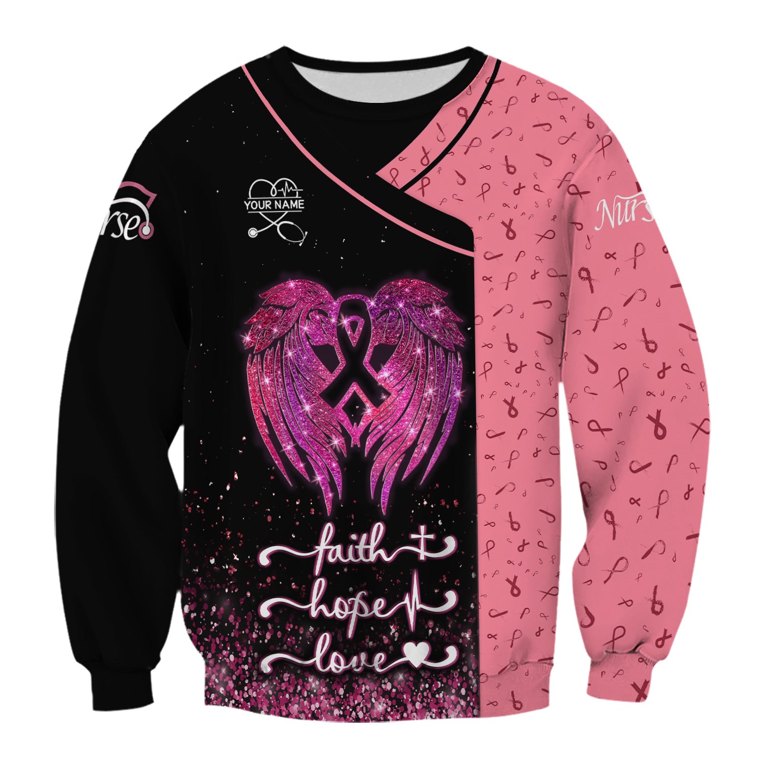 Custom Breast Cancer Warrior Shirt - Pink Glitter Angel Wings & Ribbon Graphic Tee - Gift for Nurse RN LPN CNA