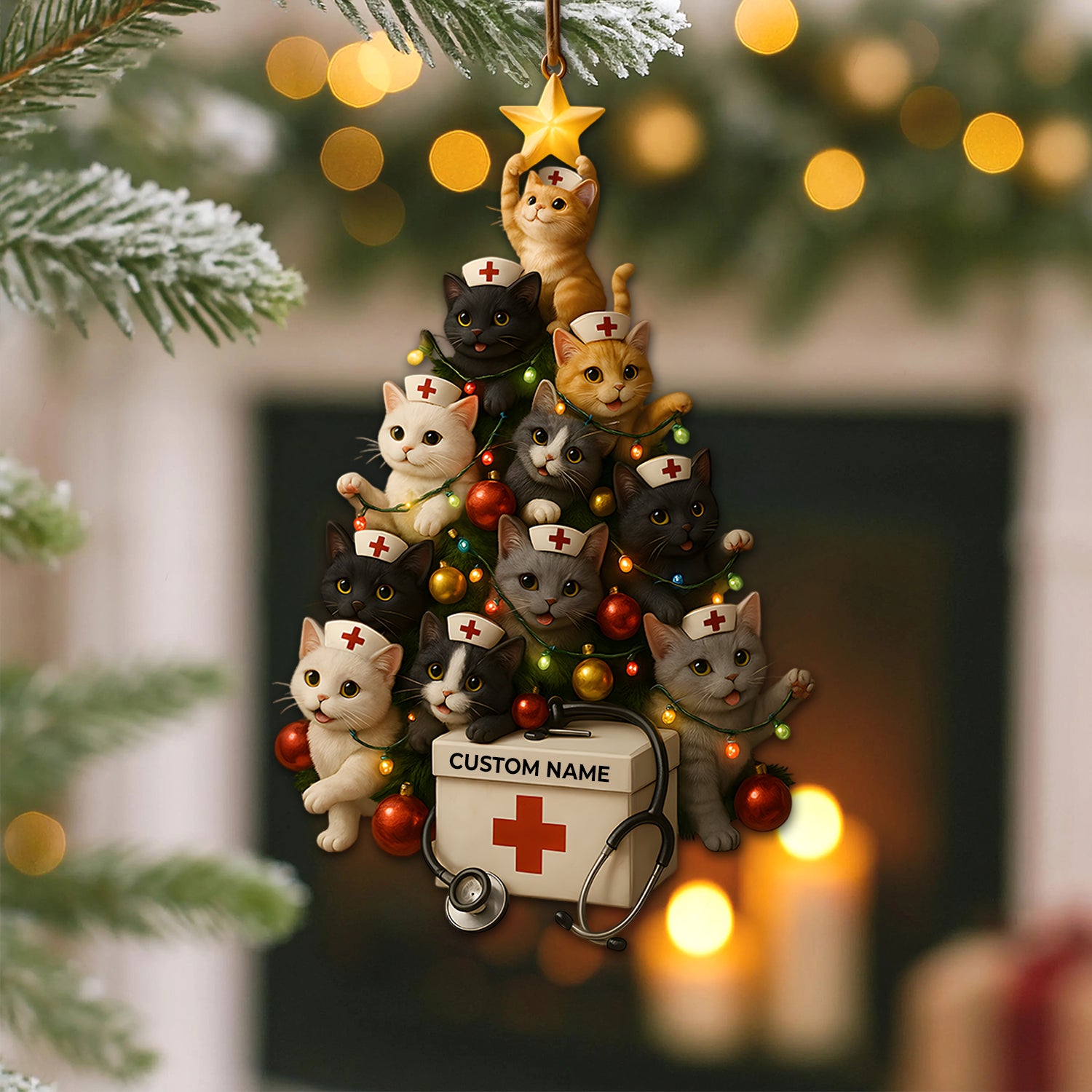 Custom Name Nurse Cat Ornament, Christmas Tree Medical Design, RN LPN CNA Healthcare Workers Gift