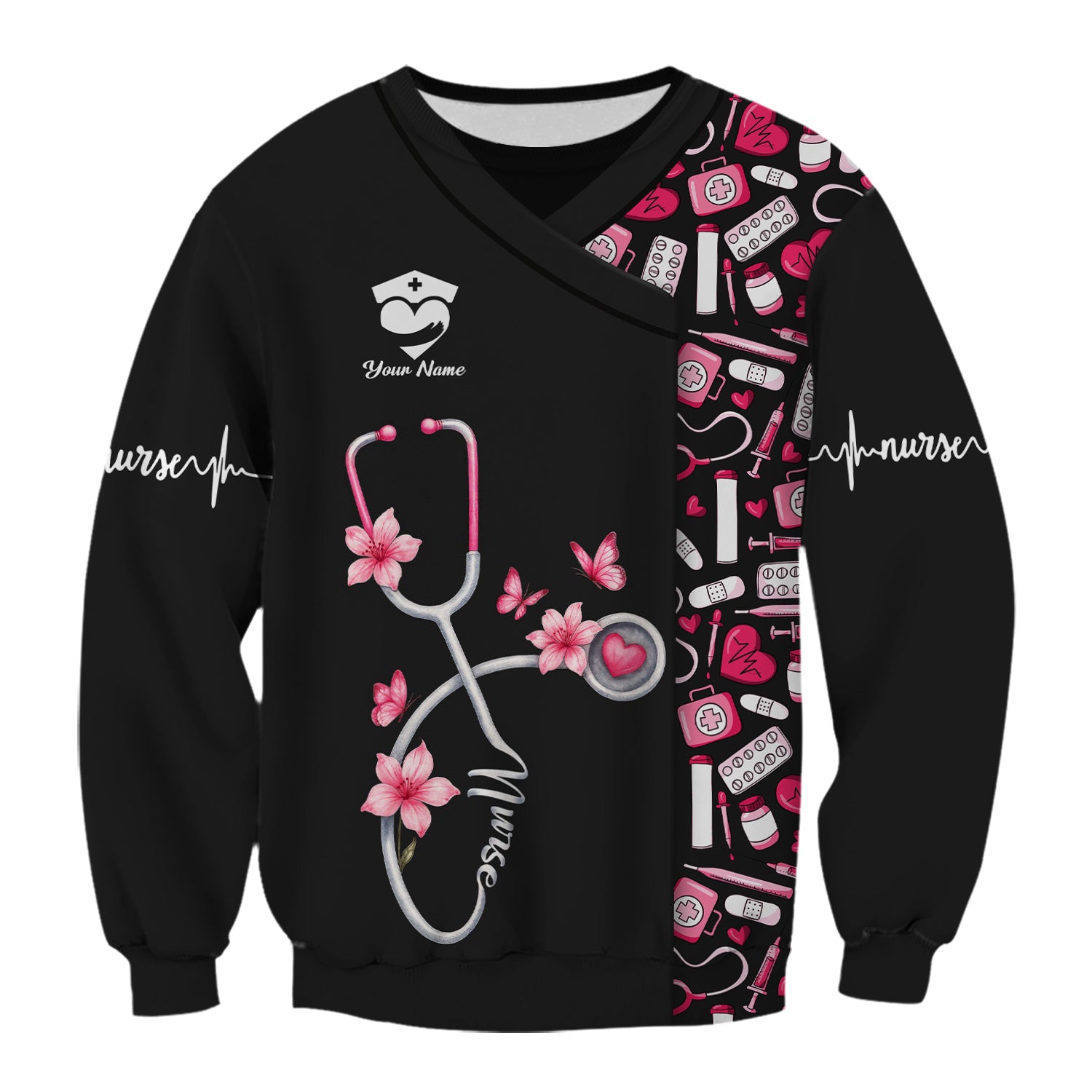 Custom Cute Floral Nurse Scrub Top for Women - Medical Uniform with Stethoscope Design - Comfortable Workwear for RN, CNA, LPN, Medical Staff