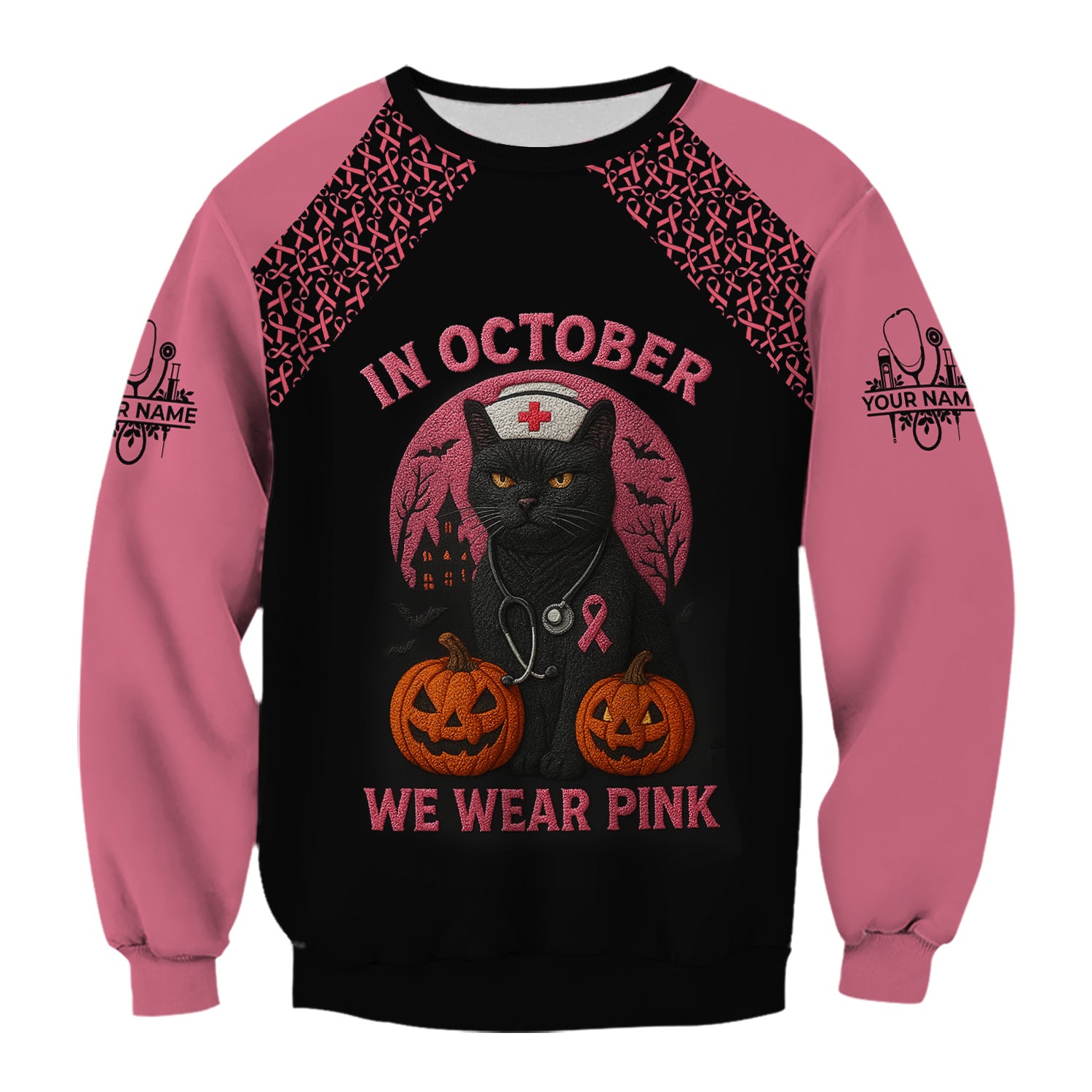 Custom Breast Cancer Awareness Nurse Shirt - In October We Wear Pink Halloween Cat Tee - CNA RN LPN Nursing Apparel Gift