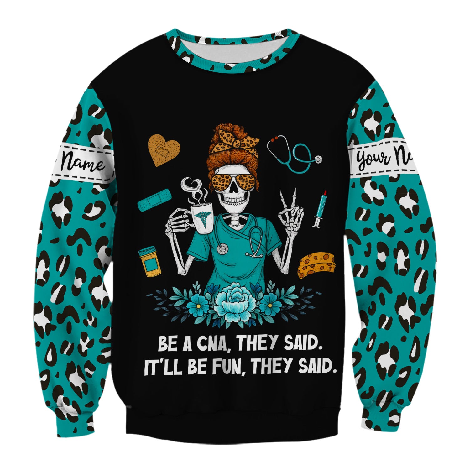 Personalized CNA Skeleton Shirt - Messy Bun Hair & Leopard Print Graphic Tee - Gift for Women CNA & Healthcare Workers