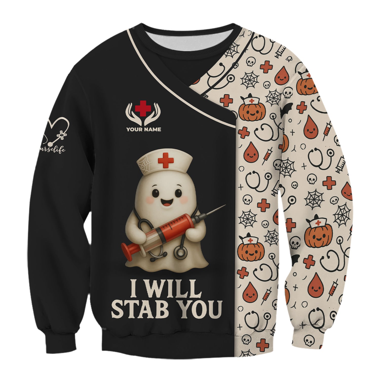 Personalized Halloween Medical Nurse T-Shirt - Funny Ghost with I Will Stab You Quote - Custom Name Gift for RN LPN CNA Healthcare Professionals