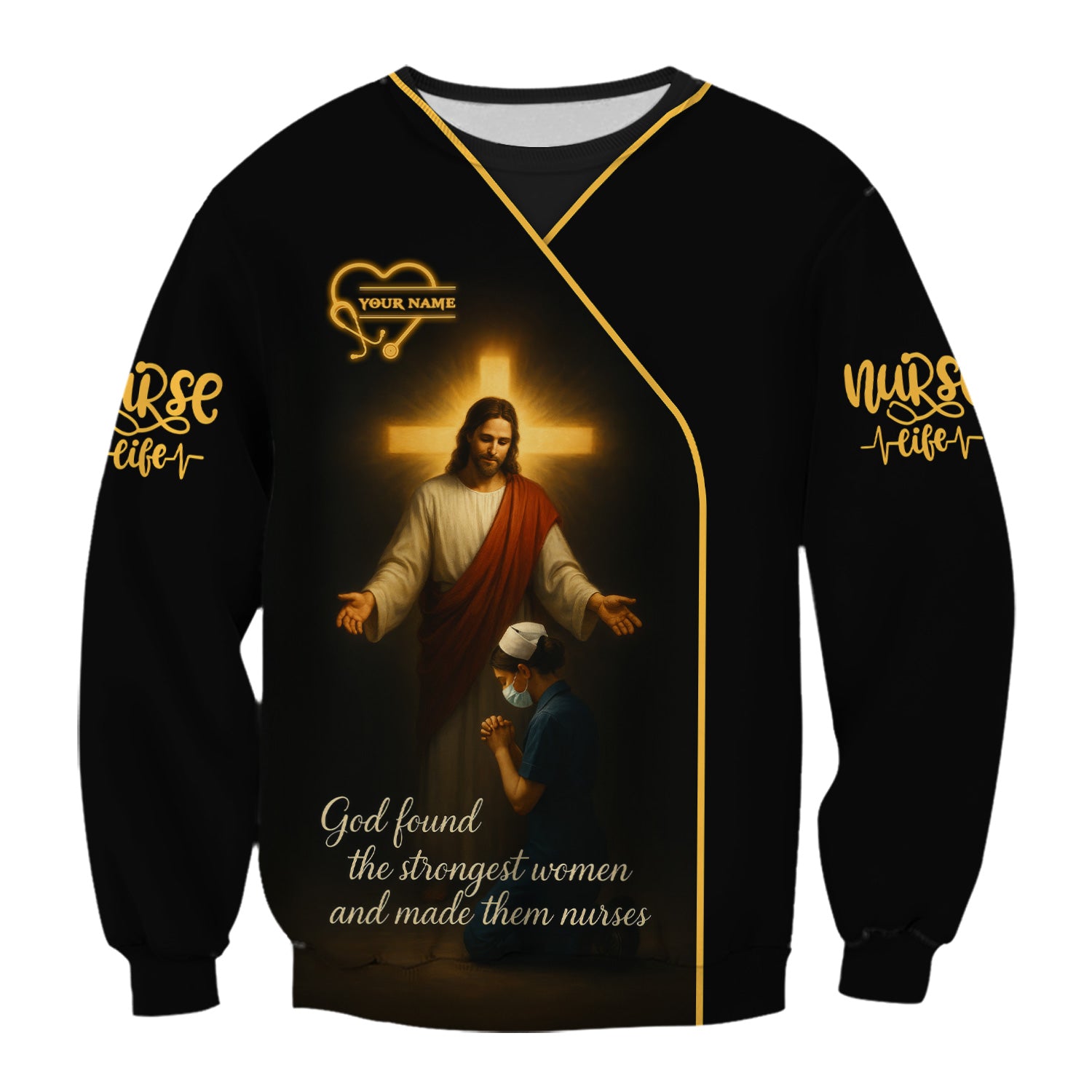 God Found the Strongest Women Nurse Shirt - Christian Faith Scrub Top for RN CNA - Custom Name Spiritual Medical Uniform Gift