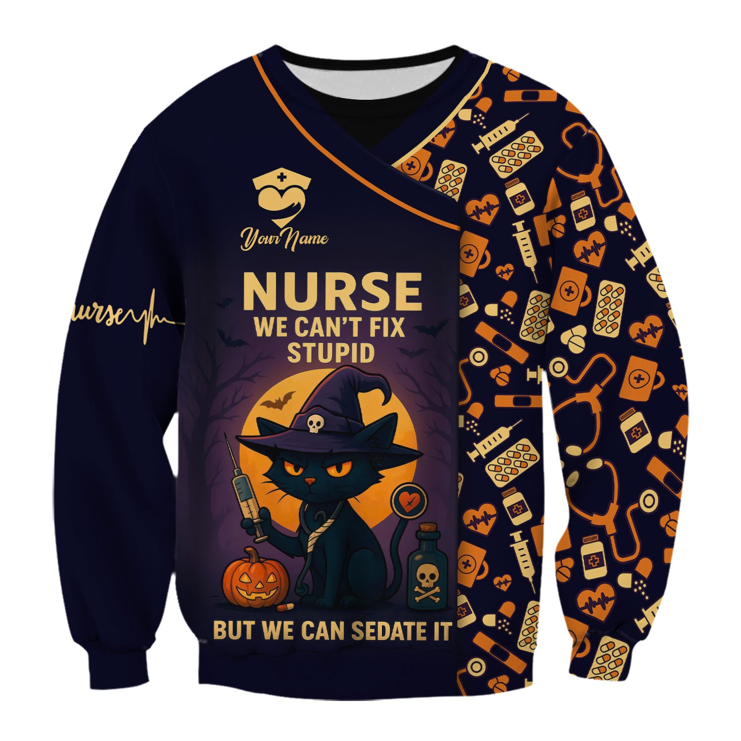 Personalized Halloween Nurse Scrub Top - We Can't Fix Stupid Black Cat Quote - Gift for RN CNA LPN