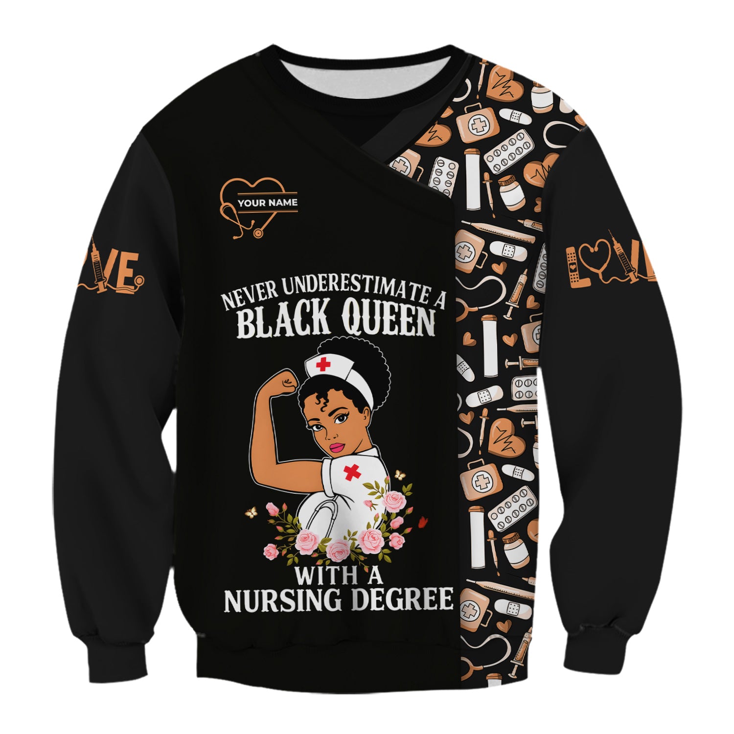 Personalized Nurse Scrub Top for Women - Black Queen With A Nursing Degree - RN LPN CNA Healthcare Workers Gift