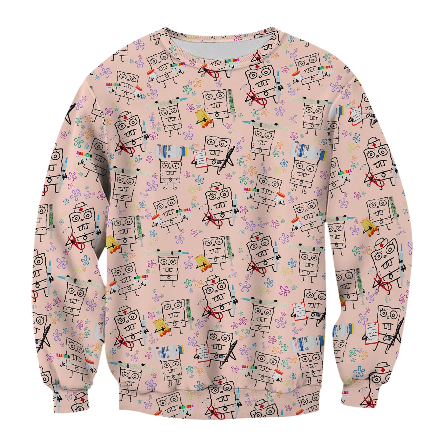 Custom Doodle Bob Energy Drink Nurse Scrub Top - Funny Cartoon Medical Design - Gift for RN MD RT CNA Paramedic Healthcare Staff