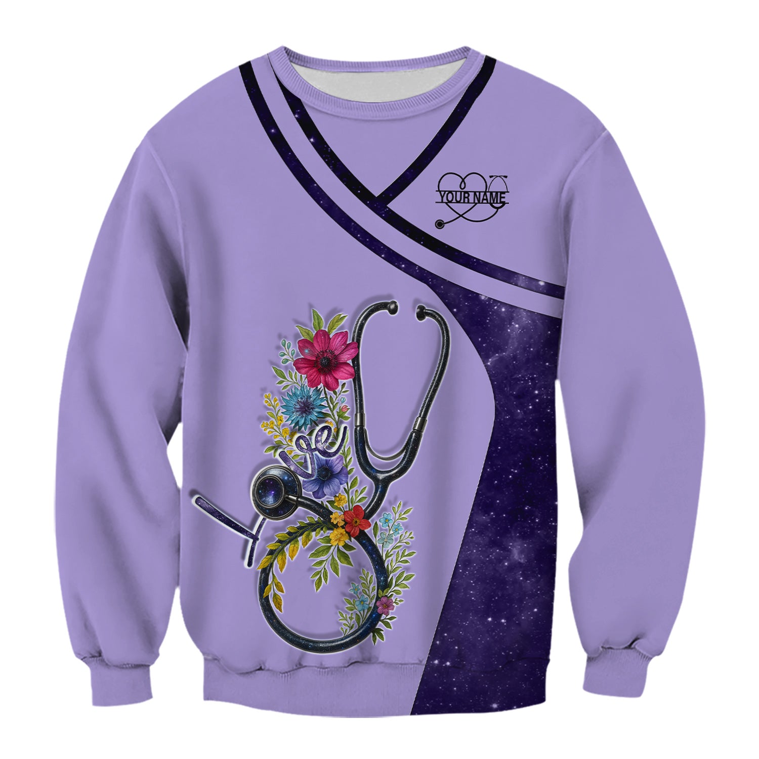 Custom Nurse Love T-Shirt - Floral Stethoscope & Galaxy Design - Personalized Gift for RN LPN CNA Healthcare Professionals