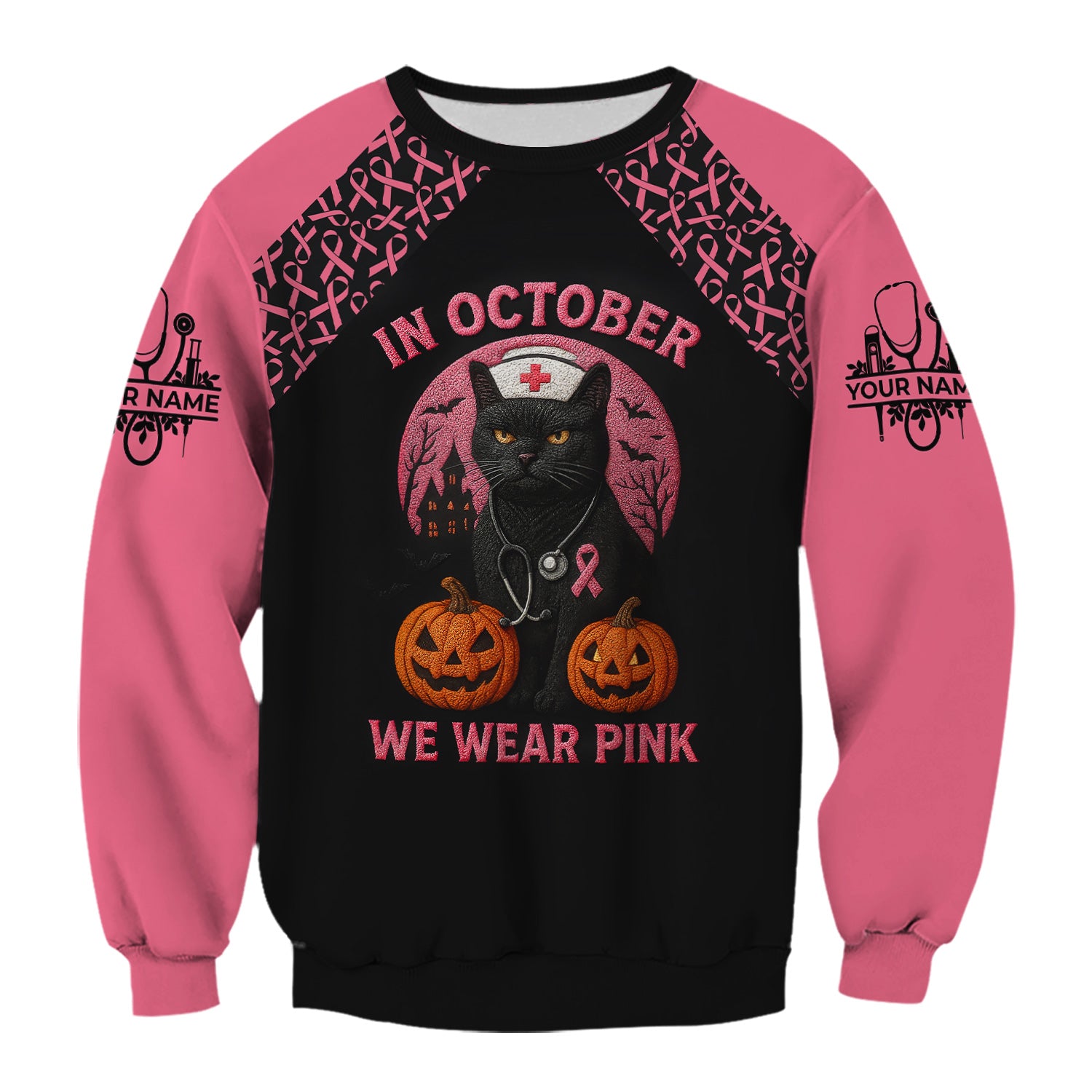 In October We Wear Pink Scrub Top - Breast Cancer Awareness Shirt for Women - Halloween Gift for RN CNA LPN ER