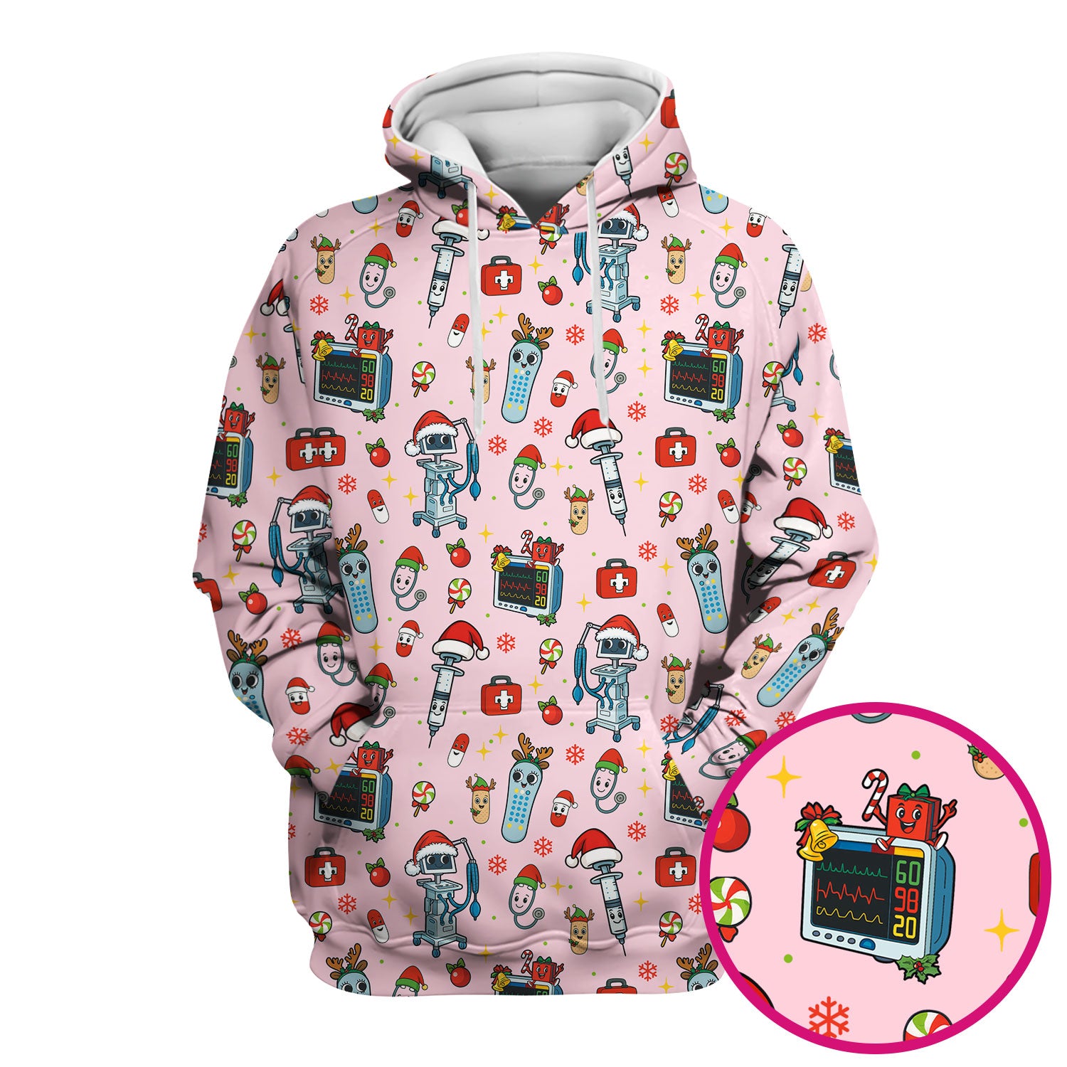 Christmas Scrub Top for Women - Funny Nurse Pattern with Robot & Reindeer - Festive Medical Shirt for Holiday Shifts
