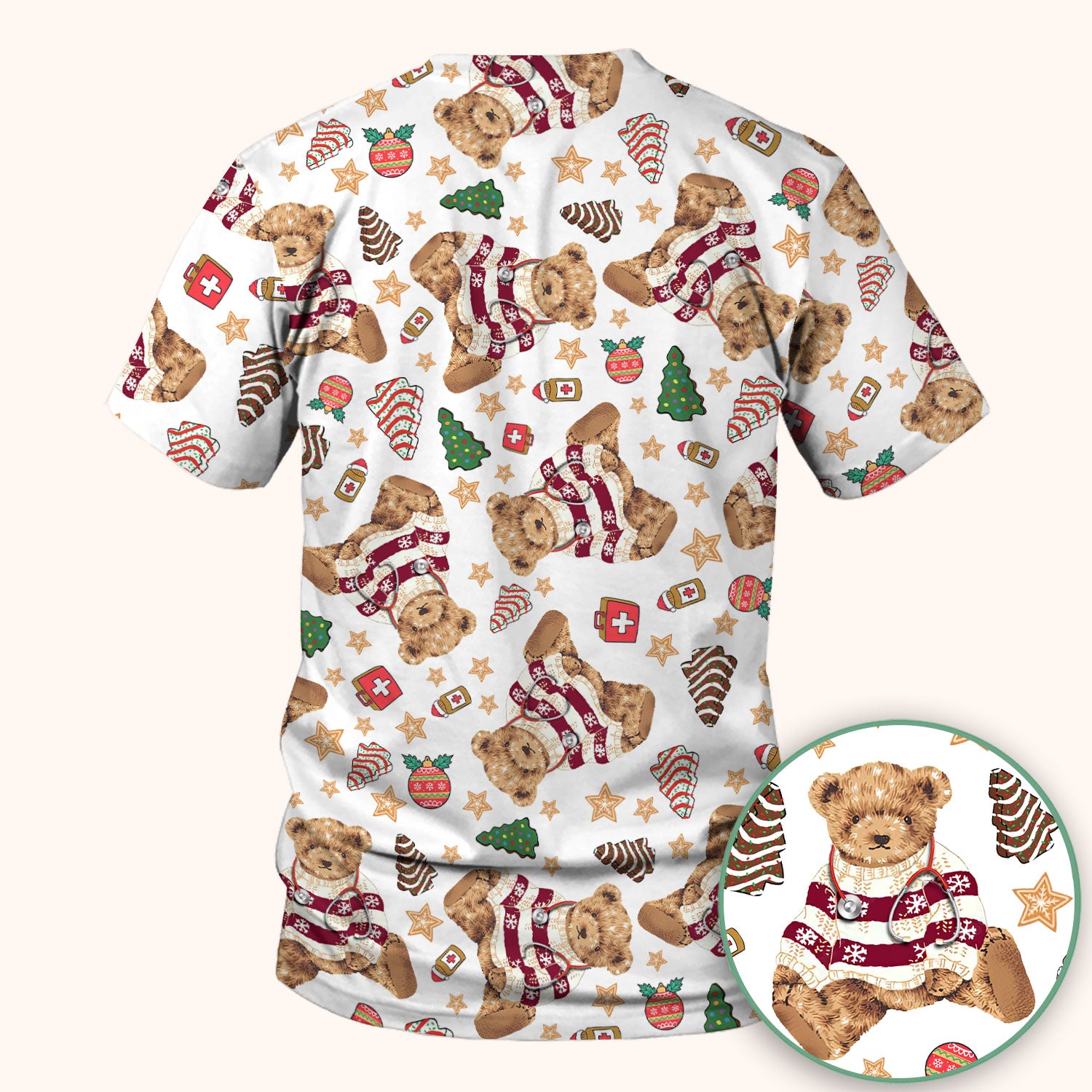 Christmas Teddy Bear Scrub Top for Nurses - Cozy Holiday Pattern with Cute Bear and Medical Icons - Festive Scrubs for Women