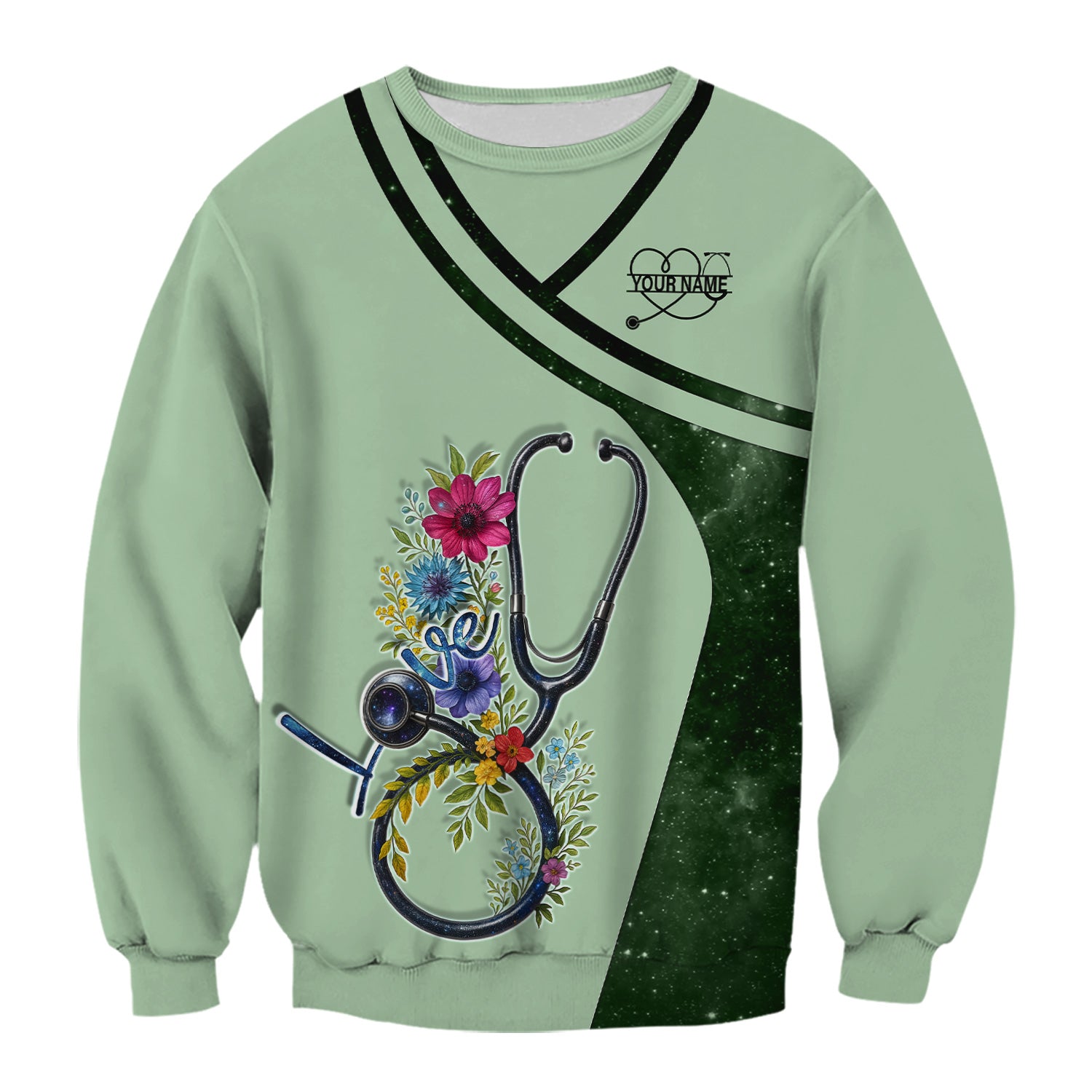 Custom Nurse Love T-Shirt - Floral Stethoscope & Galaxy Design - Personalized Gift for RN LPN CNA Healthcare Professionals