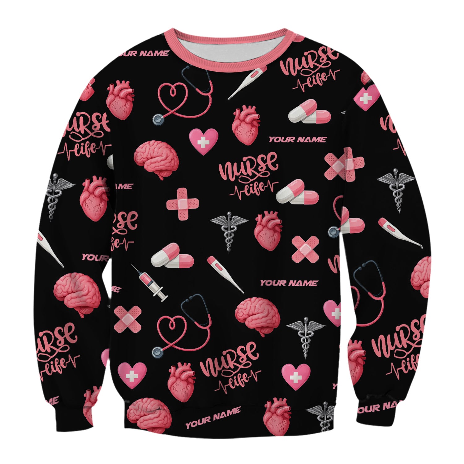 Personalized Nurse Life Shirt - Cute Medical Pattern with Heart Brain Pills Stethoscope - Custom Name Gift for RN CNA LPN Women in Healthcare and Nursing Profession