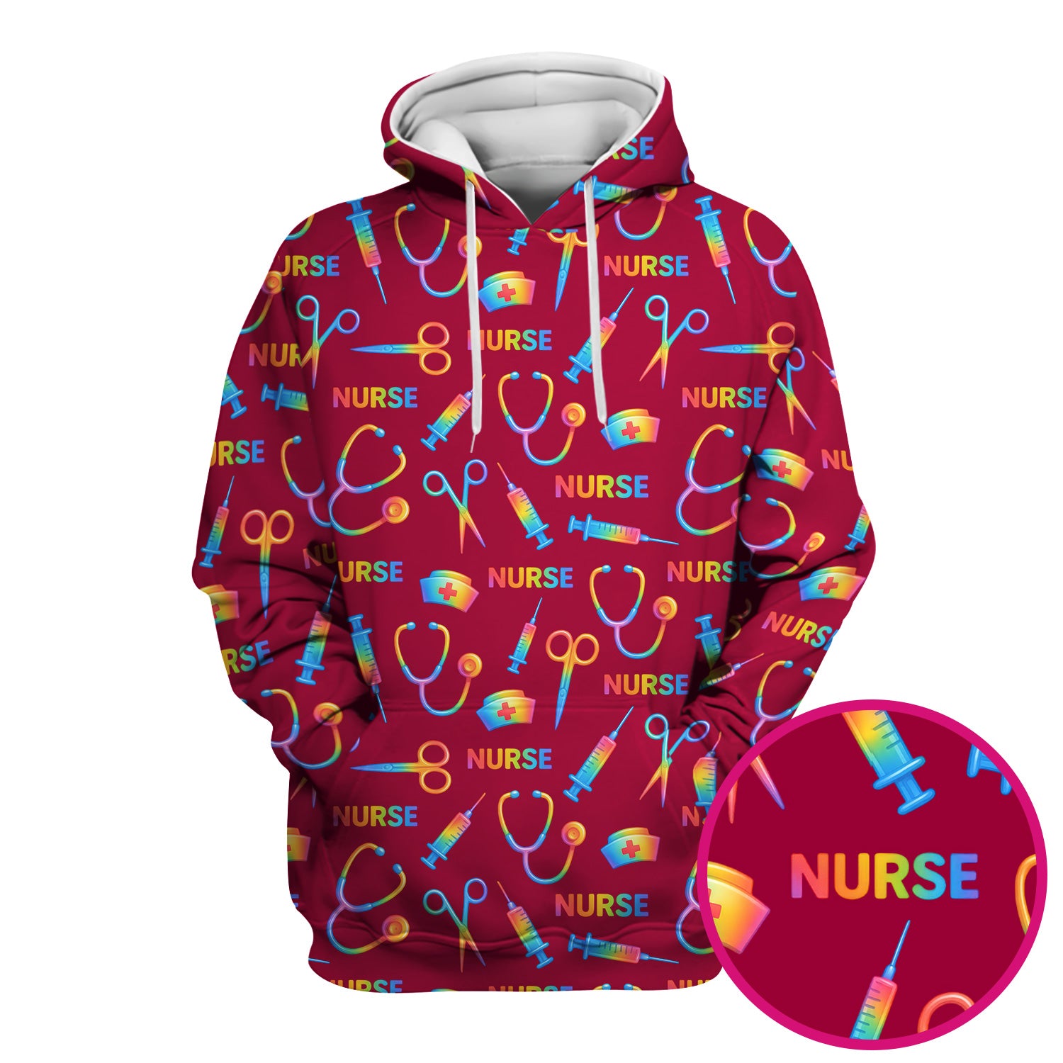 Colorful Nurse Scrub Top for Women - Rainbow Syringe and Scissors Pattern - Fun Medical Scrubs Shirt Gift for RN LPN CNA