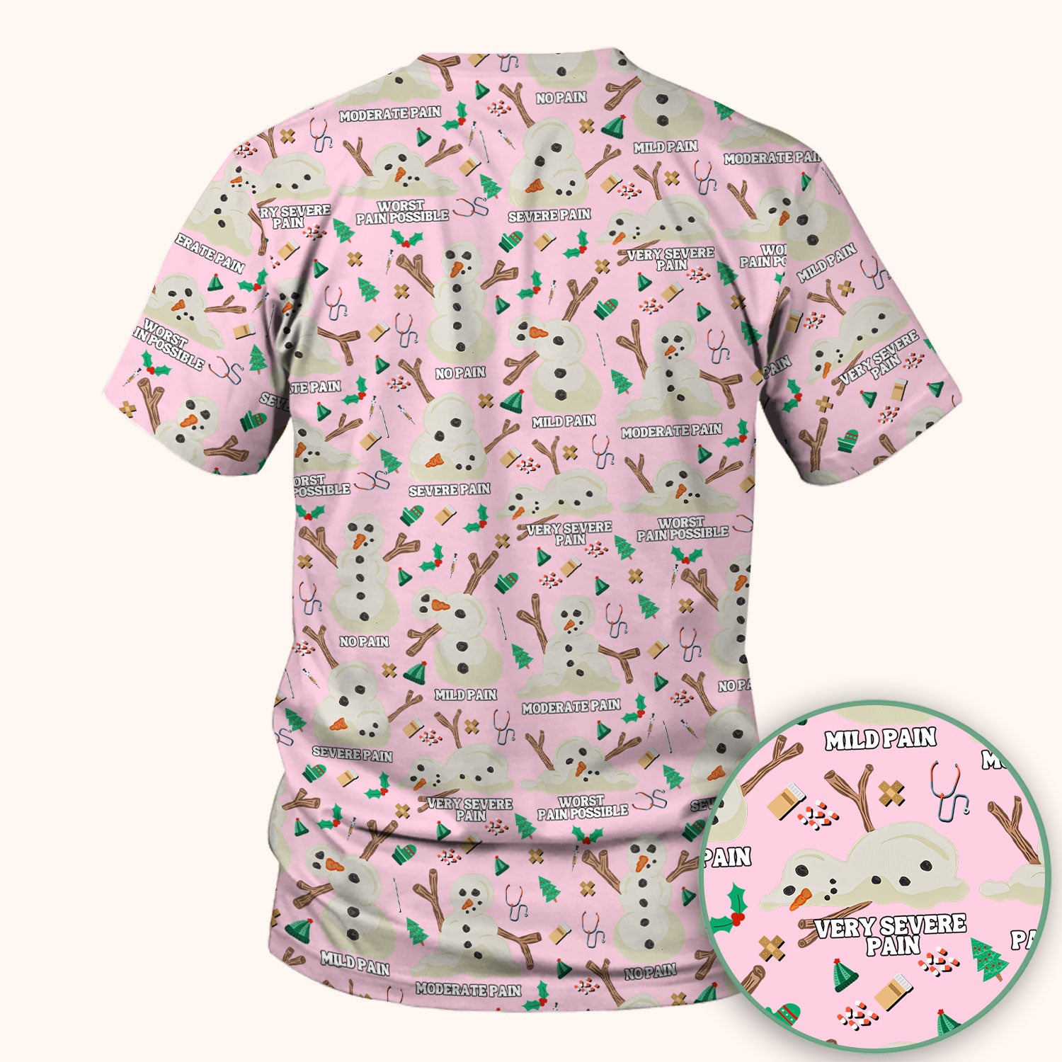 Christmas Snowman Nurse Scrub Top for Women - Funny Pain Scale Medical Shirt - Cute Holiday Nursing Uniform Gift for RN LPN CNA