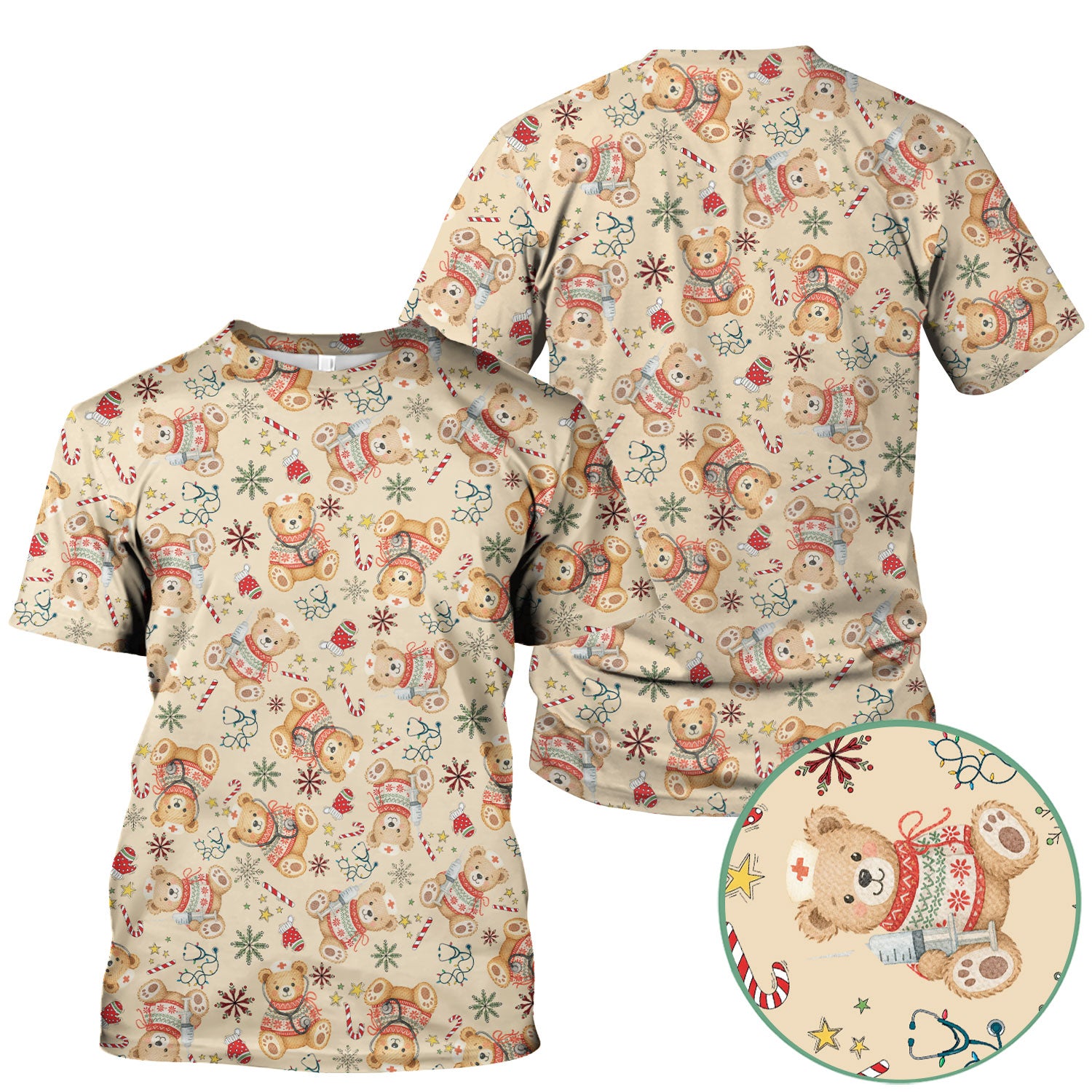 Christmas Teddy Bear Nurse Scrub Top for Women - Cute Holiday Medical Shirt RN LPN CNA Gift - Festive Nursing Uniform