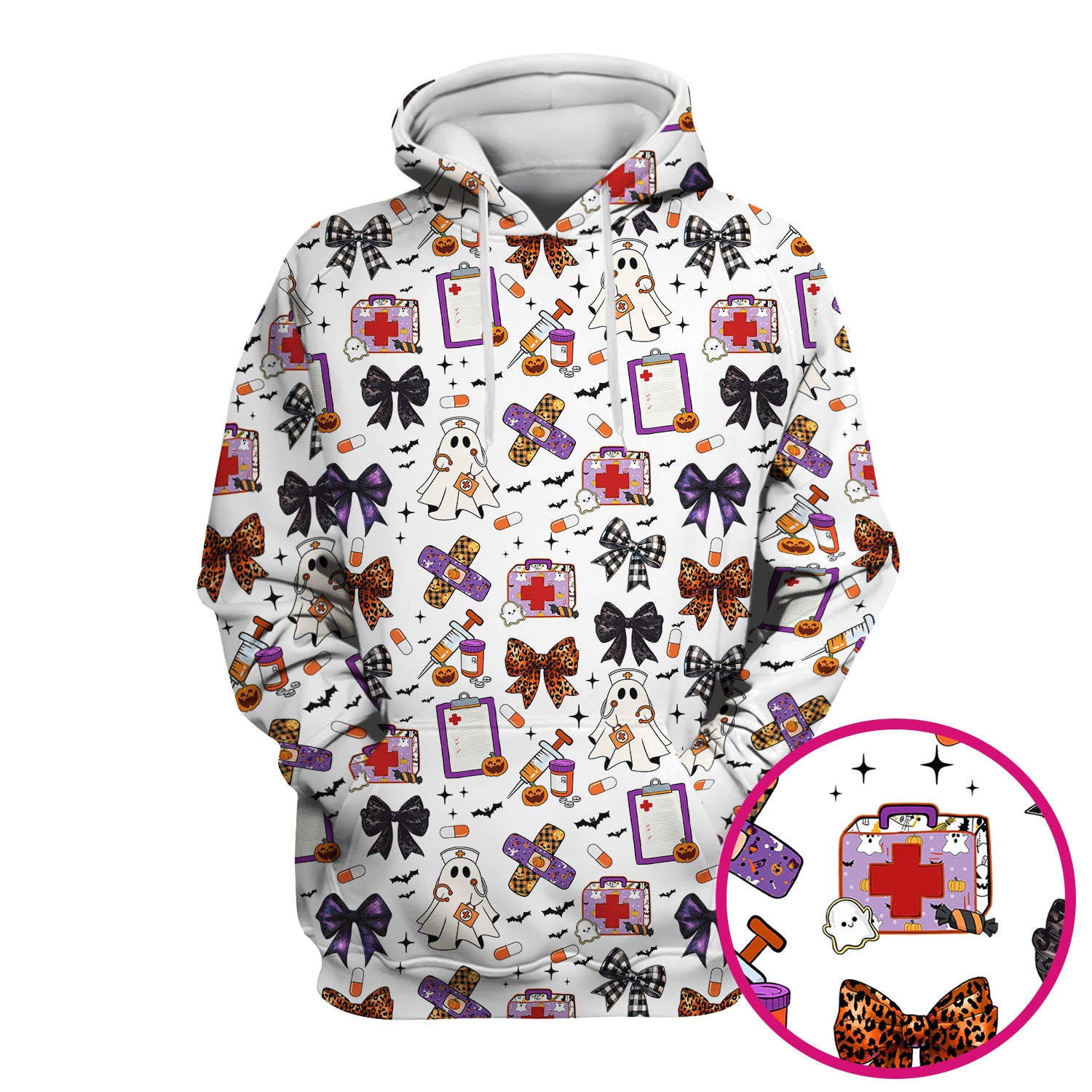Spooky Cute Nurse Scrubs Top - Ghost, Pumpkin & Bow Print - Fun Halloween Medical Shirt for Women Nurses