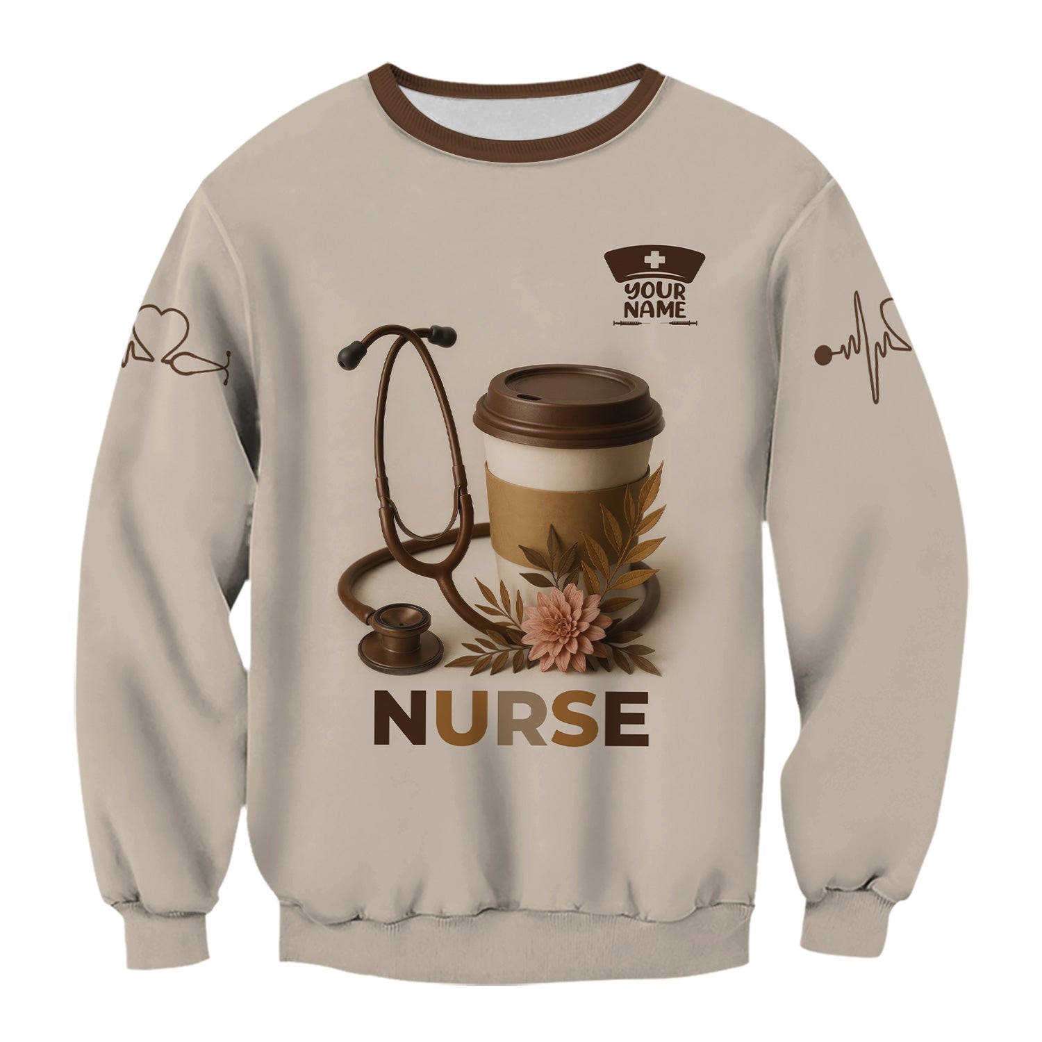 Personalized Coffee Nurse Shirt - Brown Stethoscope Floral Design - Cute Gift for RN LPN CNA Women