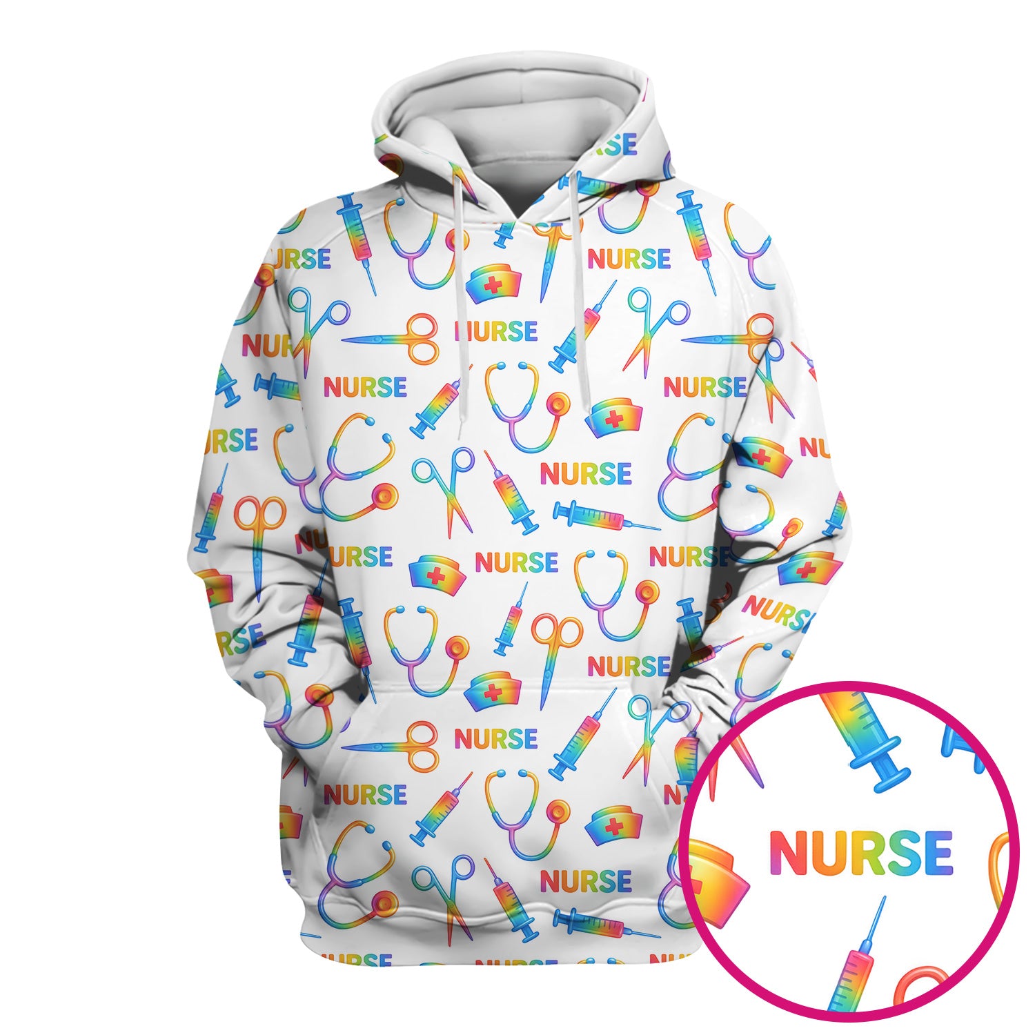 Colorful Nurse Scrub Top for Women - Rainbow Syringe and Scissors Pattern - Fun Medical Scrubs Shirt Gift for RN LPN CNA