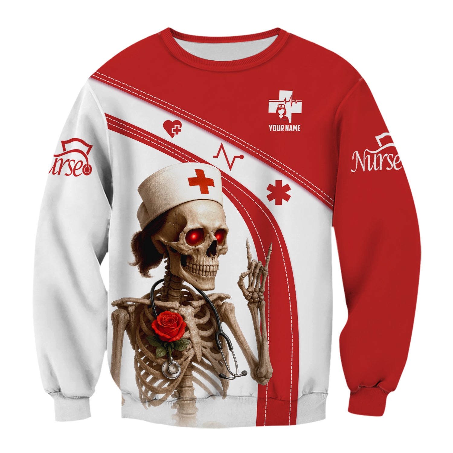 Funny Skeleton Nurse Shirt Personalized with Name - Dark Humor Gift for RN CNA LPN - Red White Scrubs Quote Tee for Healthcare Workers - Healthcare Dark Humor Tee