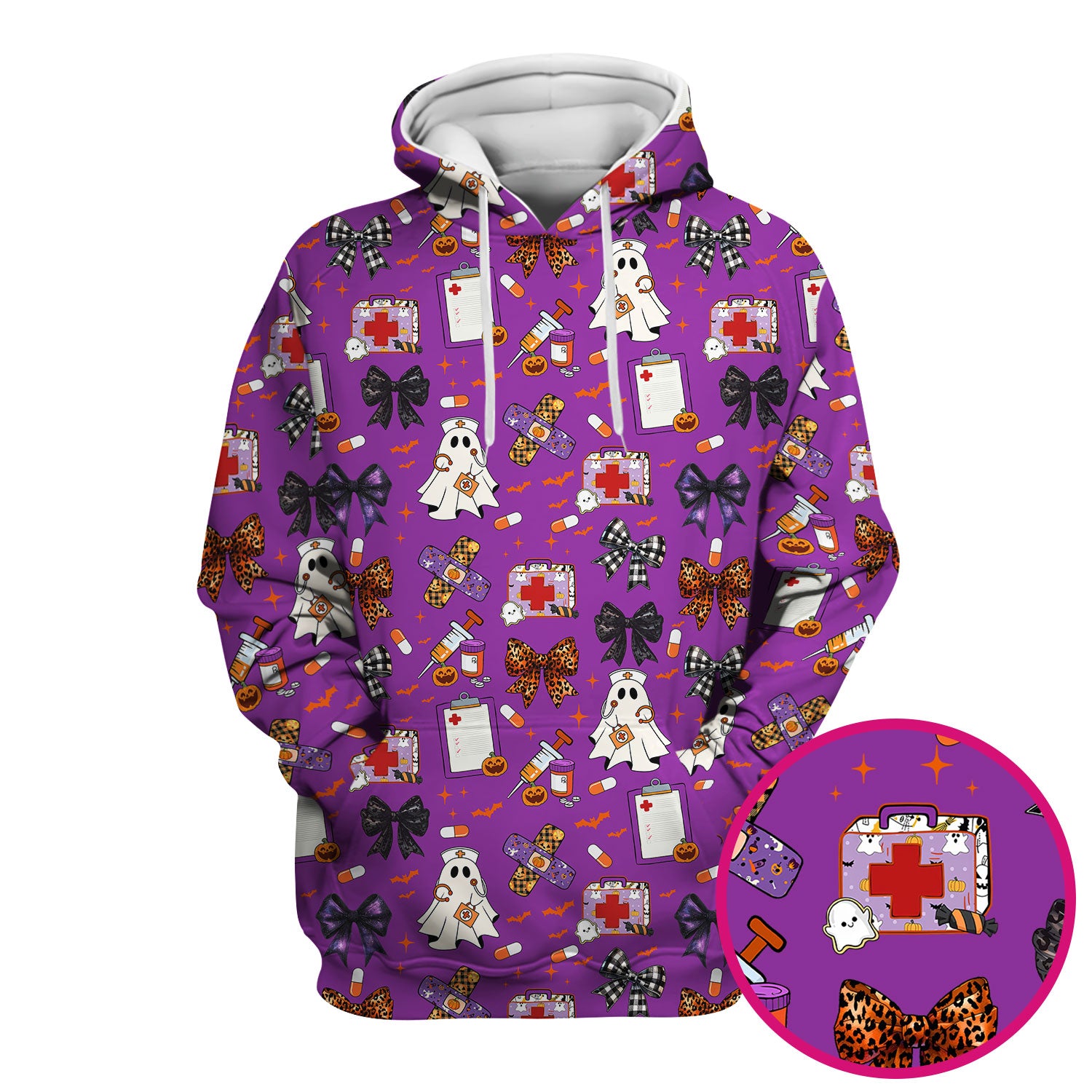 Spooky Cute Nurse Scrubs Top - Ghost, Pumpkin & Bow Print - Fun Halloween Medical Shirt for Women Nurses