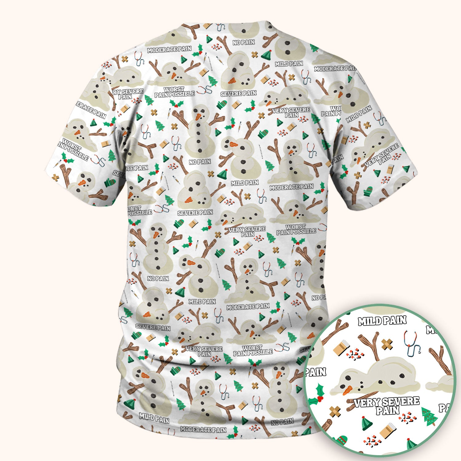 Christmas Snowman Nurse Scrub Top for Women - Funny Pain Scale Medical Shirt - Cute Holiday Nursing Uniform Gift for RN LPN CNA