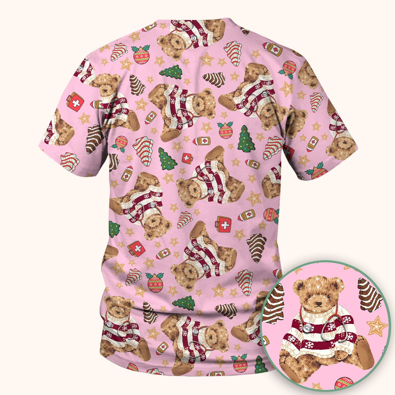 Christmas Teddy Bear Scrub Top for Nurses - Cozy Holiday Pattern with Cute Bear and Medical Icons - Festive Scrubs for Women