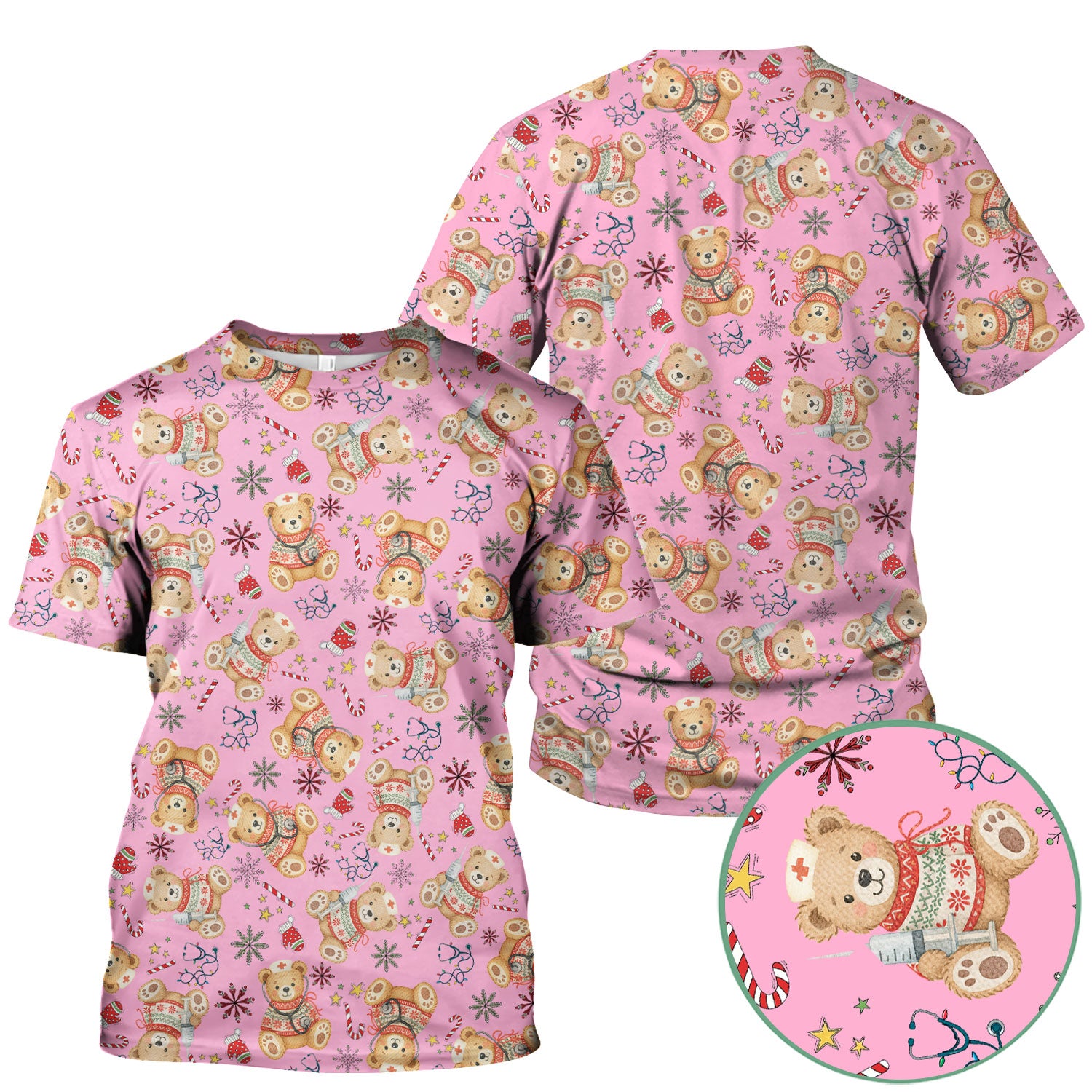 Christmas Teddy Bear Nurse Scrub Top for Women - Cute Holiday Medical Shirt RN LPN CNA Gift - Festive Nursing Uniform